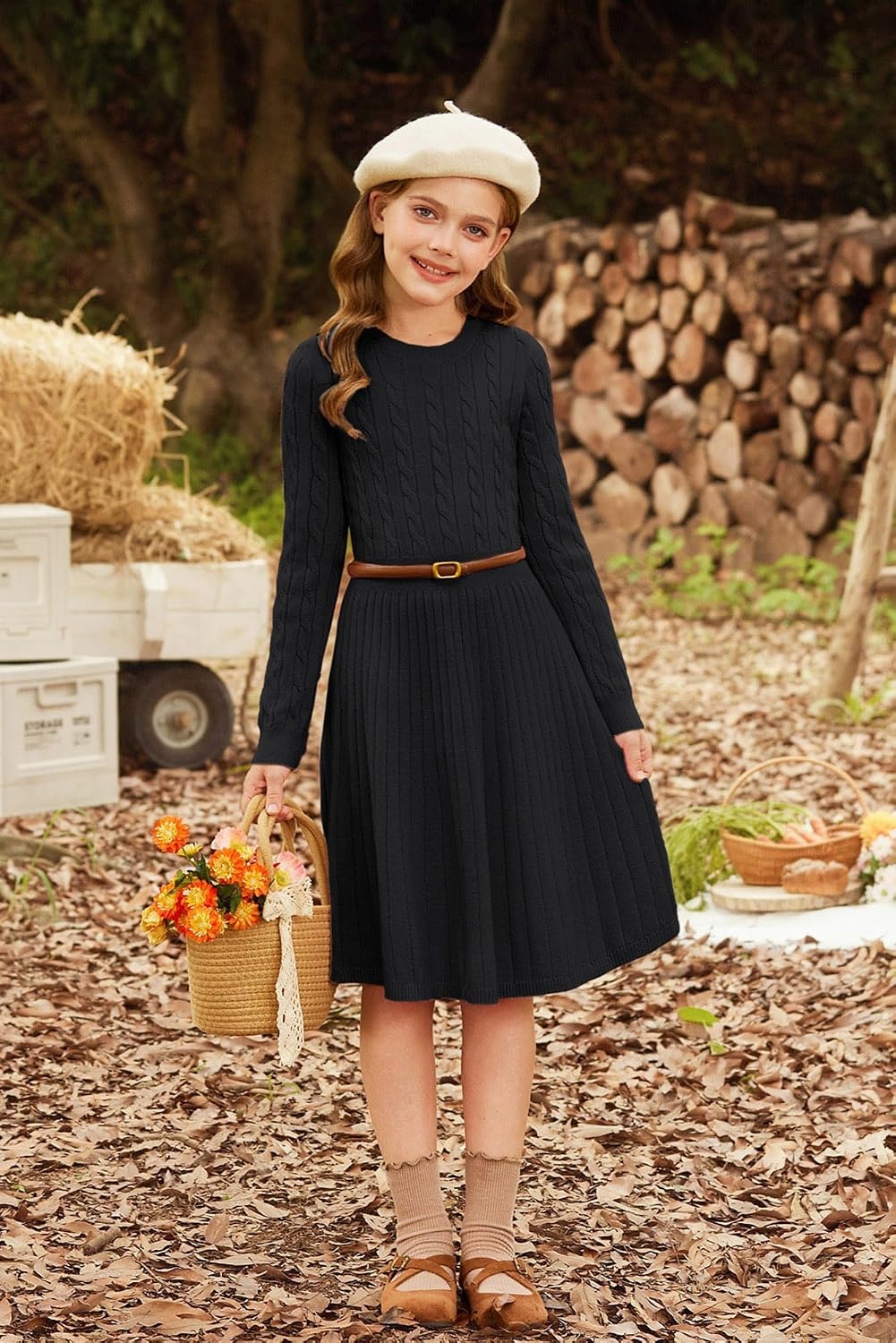 image:imageGRACE KARIN Girls Fall Sweater Dress Long Sleeve Knit Dresses 614 Years A Line Casual Midi Winter Pleated School Kids ClothesBlack