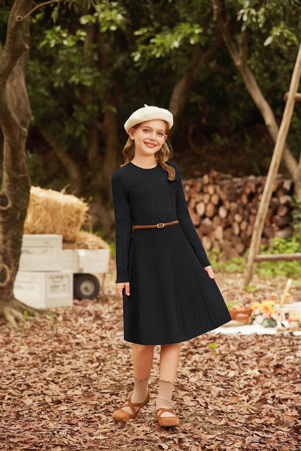 image:imageGRACE KARIN Girls Fall Sweater Dress Long Sleeve Knit Dresses 614 Years A Line Casual Midi Winter Pleated School Kids ClothesBlack