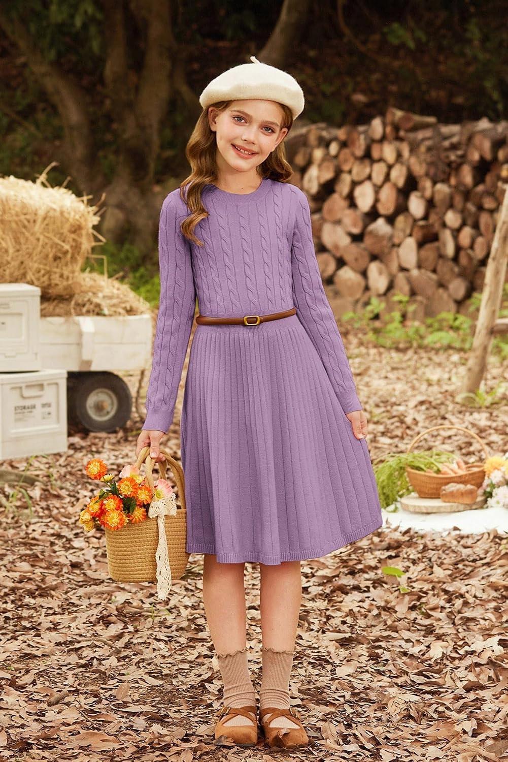image:imageGRACE KARIN Girls Fall Sweater Dress Long Sleeve Knit Dresses 614 Years A Line Casual Midi Winter Pleated School Kids ClothesLight Purple