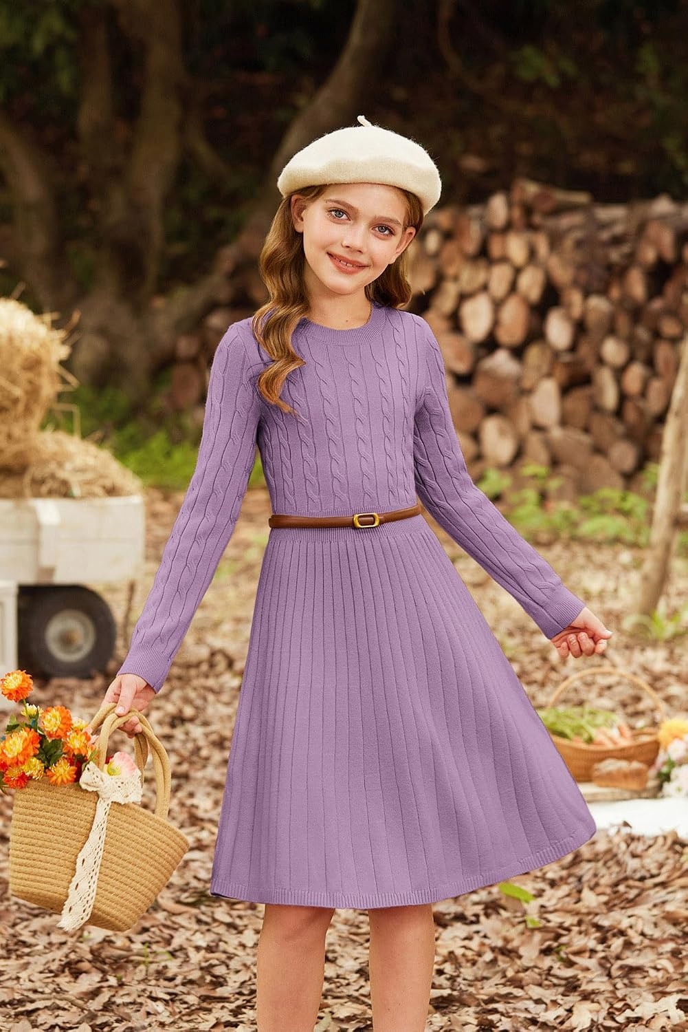 image:imageGRACE KARIN Girls Fall Sweater Dress Long Sleeve Knit Dresses 614 Years A Line Casual Midi Winter Pleated School Kids ClothesLight Purple