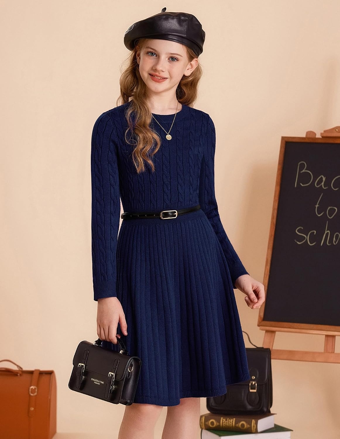 image:imageGRACE KARIN Girls Fall Sweater Dress Long Sleeve Knit Dresses 614 Years A Line Casual Midi Winter Pleated School Kids ClothesNavy Blue