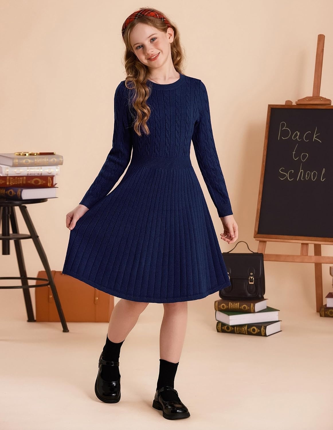 image:imageGRACE KARIN Girls Fall Sweater Dress Long Sleeve Knit Dresses 614 Years A Line Casual Midi Winter Pleated School Kids ClothesNavy Blue