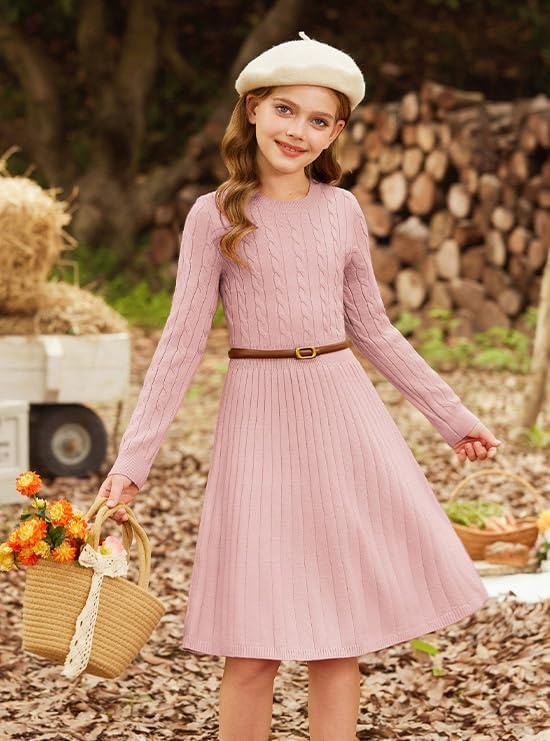 image:imageGRACE KARIN Girls Fall Sweater Dress Long Sleeve Knit Dresses 614 Years A Line Casual Midi Winter Pleated School Kids ClothesPink