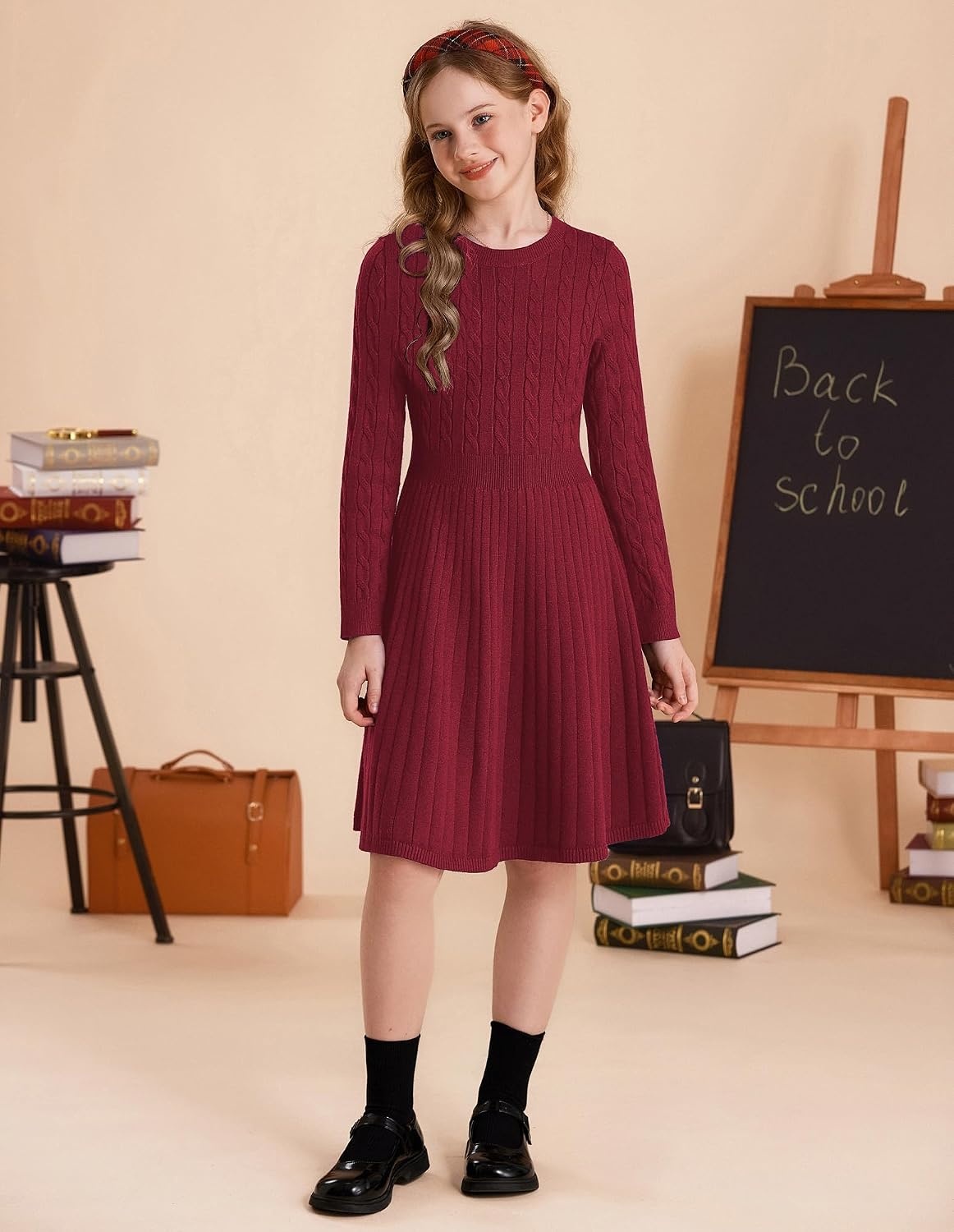image:imageGRACE KARIN Girls Fall Sweater Dress Long Sleeve Knit Dresses 614 Years A Line Casual Midi Winter Pleated School Kids ClothesRed