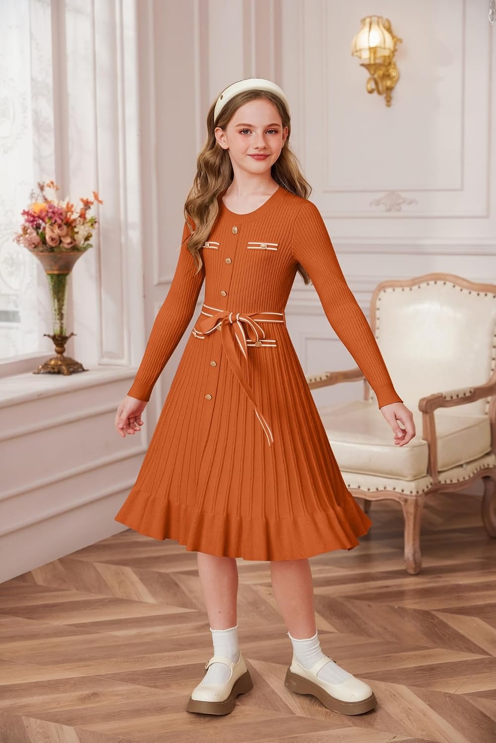 image:imageGRACE KARIN Girls Fall Sweater Dress Tween Long Sleeve Fashion Button Front Fancy Ruffle Winter Casual Dresses Size 614Pumpkin Orange