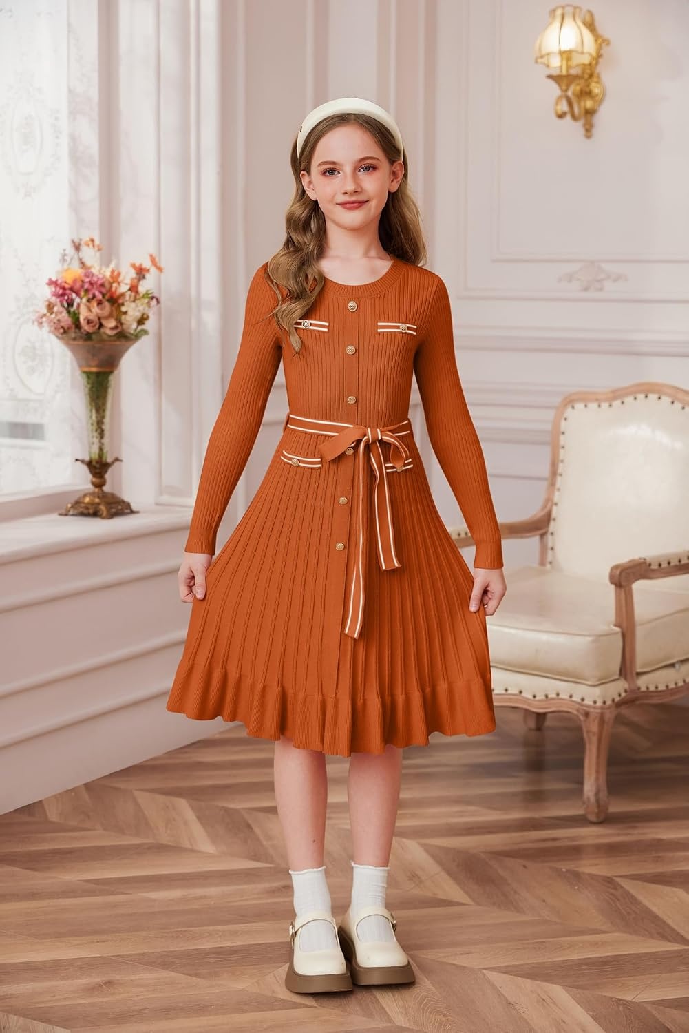 image:imageGRACE KARIN Girls Fall Sweater Dress Tween Long Sleeve Fashion Button Front Fancy Ruffle Winter Casual Dresses Size 614Pumpkin Orange