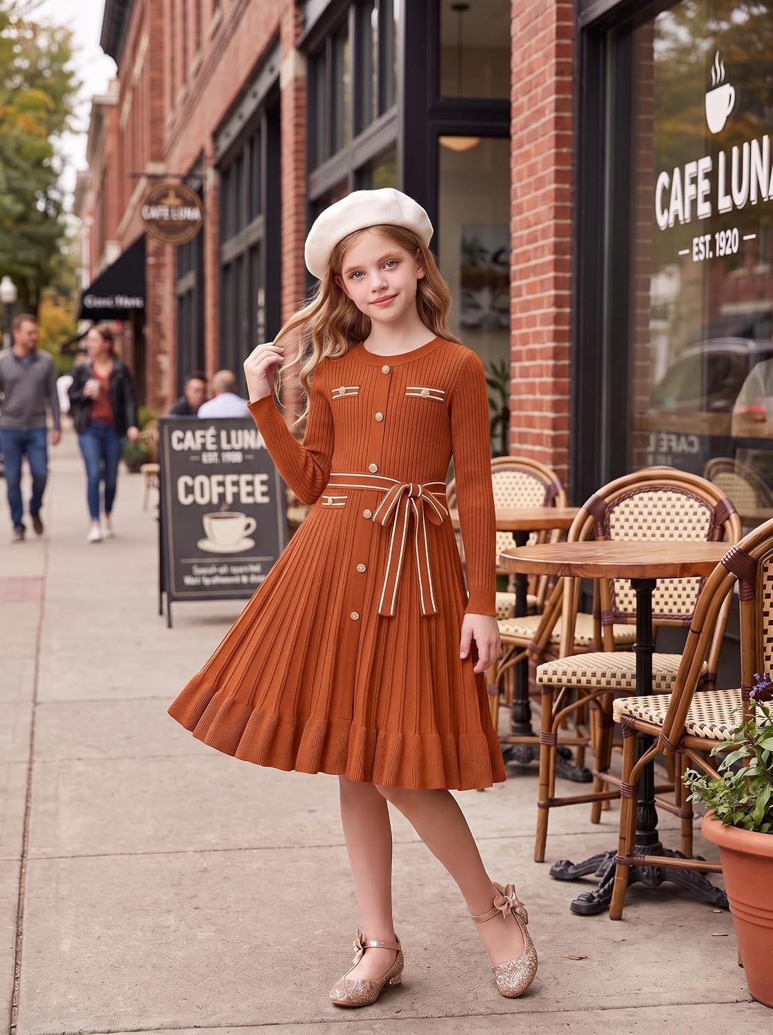 image:imageGRACE KARIN Girls Fall Sweater Dress Tween Long Sleeve Fashion Button Front Fancy Ruffle Winter Casual Dresses Size 614Pumpkin Orange
