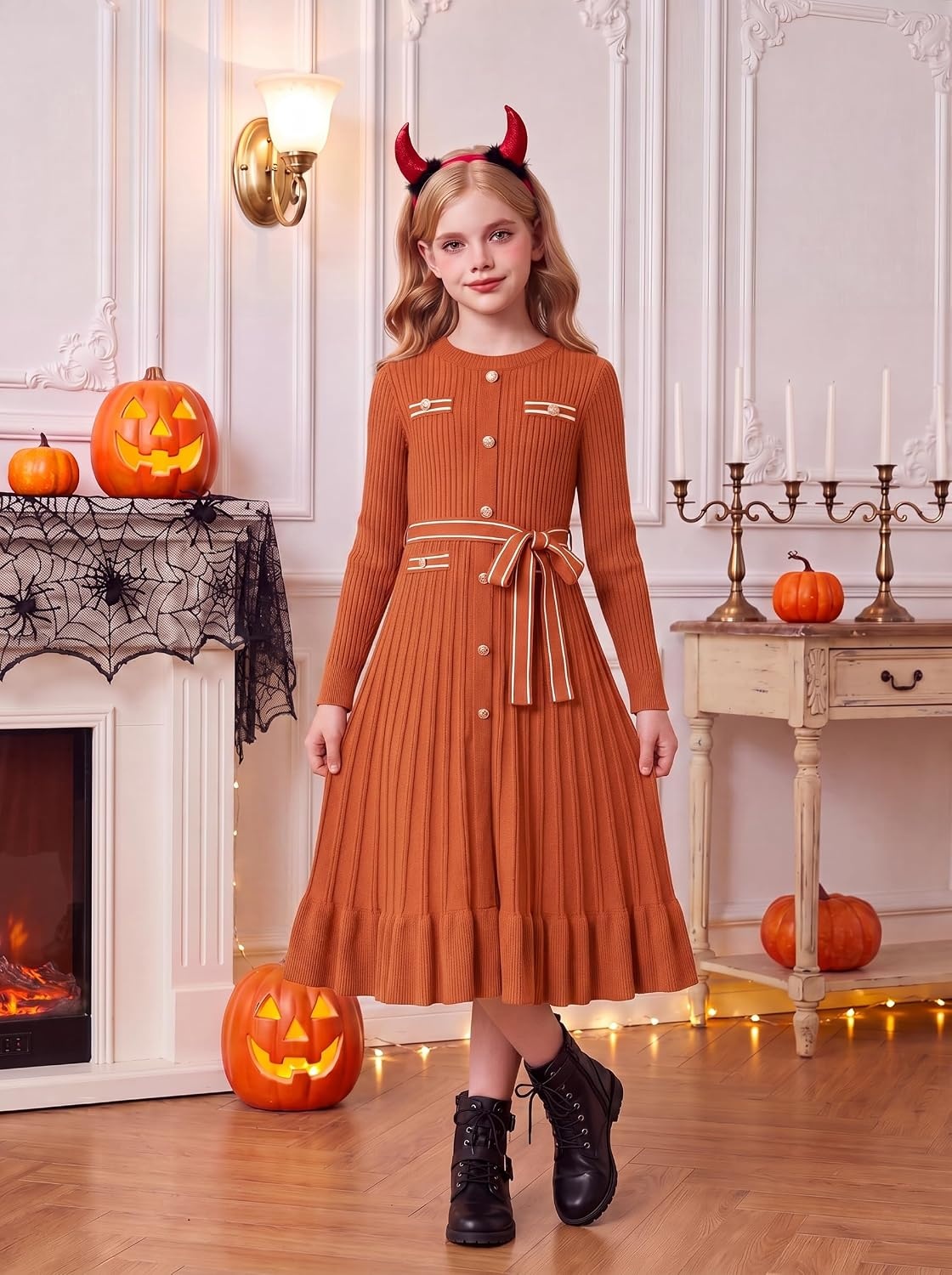 image:imageGRACE KARIN Girls Fall Sweater Dress Tween Long Sleeve Fashion Button Front Fancy Ruffle Winter Casual Dresses Size 614Pumpkin Orange