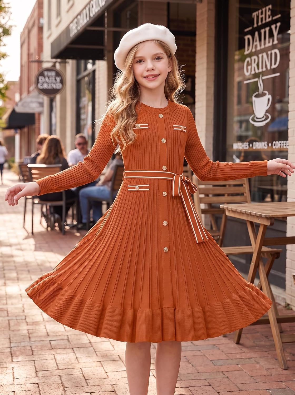 image:imageGRACE KARIN Girls Fall Sweater Dress Tween Long Sleeve Fashion Button Front Fancy Ruffle Winter Casual Dresses Size 614Pumpkin Orange