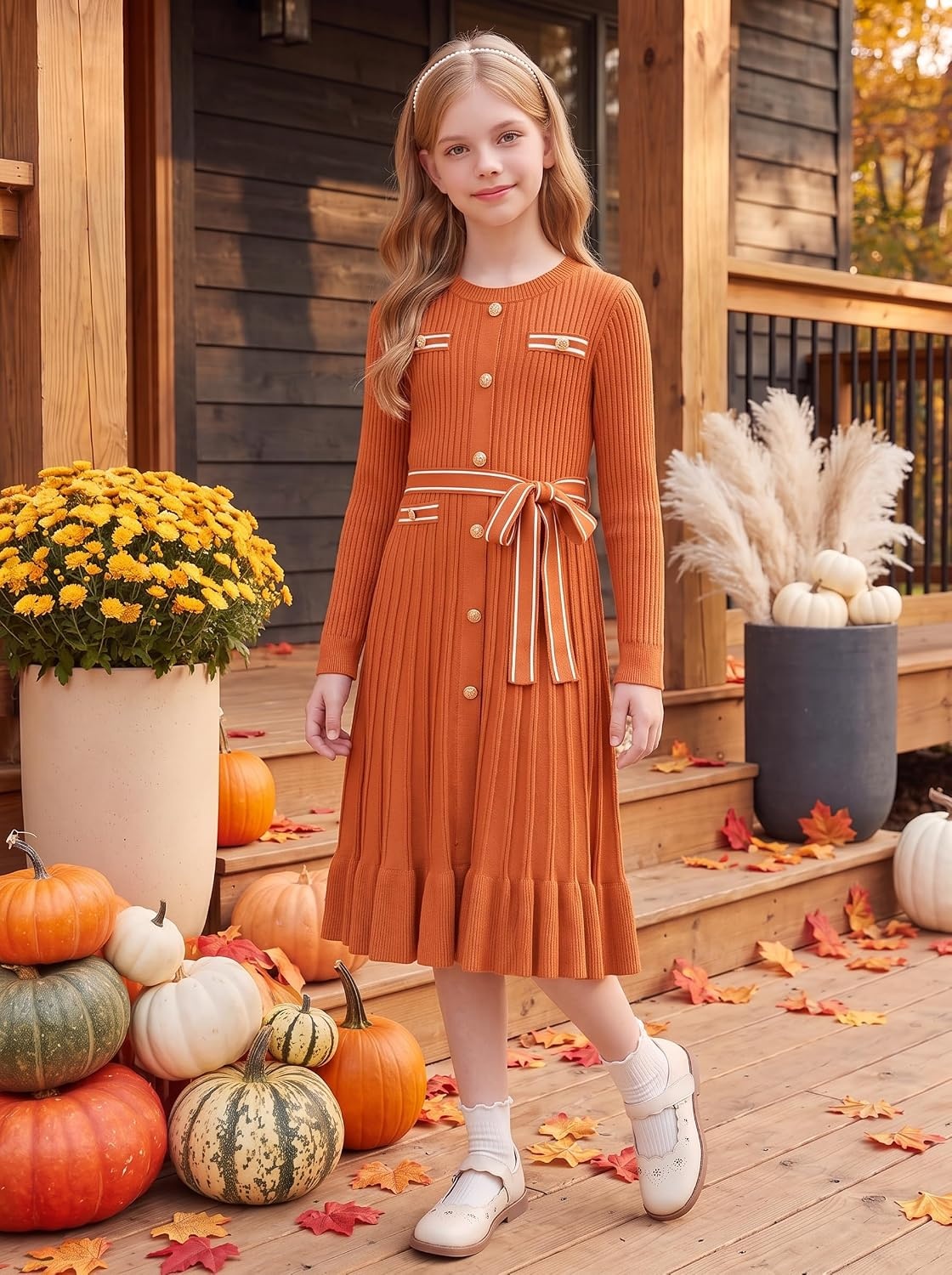 image:imageGRACE KARIN Girls Fall Sweater Dress Tween Long Sleeve Fashion Button Front Fancy Ruffle Winter Casual Dresses Size 614Pumpkin Orange