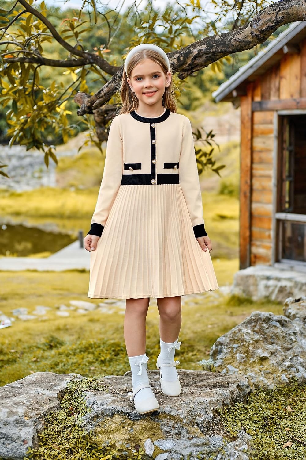 image:imageGRACE KARIN Girls Sweater Fall Dress Long Sleeve Casual Winter Dresses 616 Holiday School Birthday Church Party Elegant Preppy Color Block TweenApricot