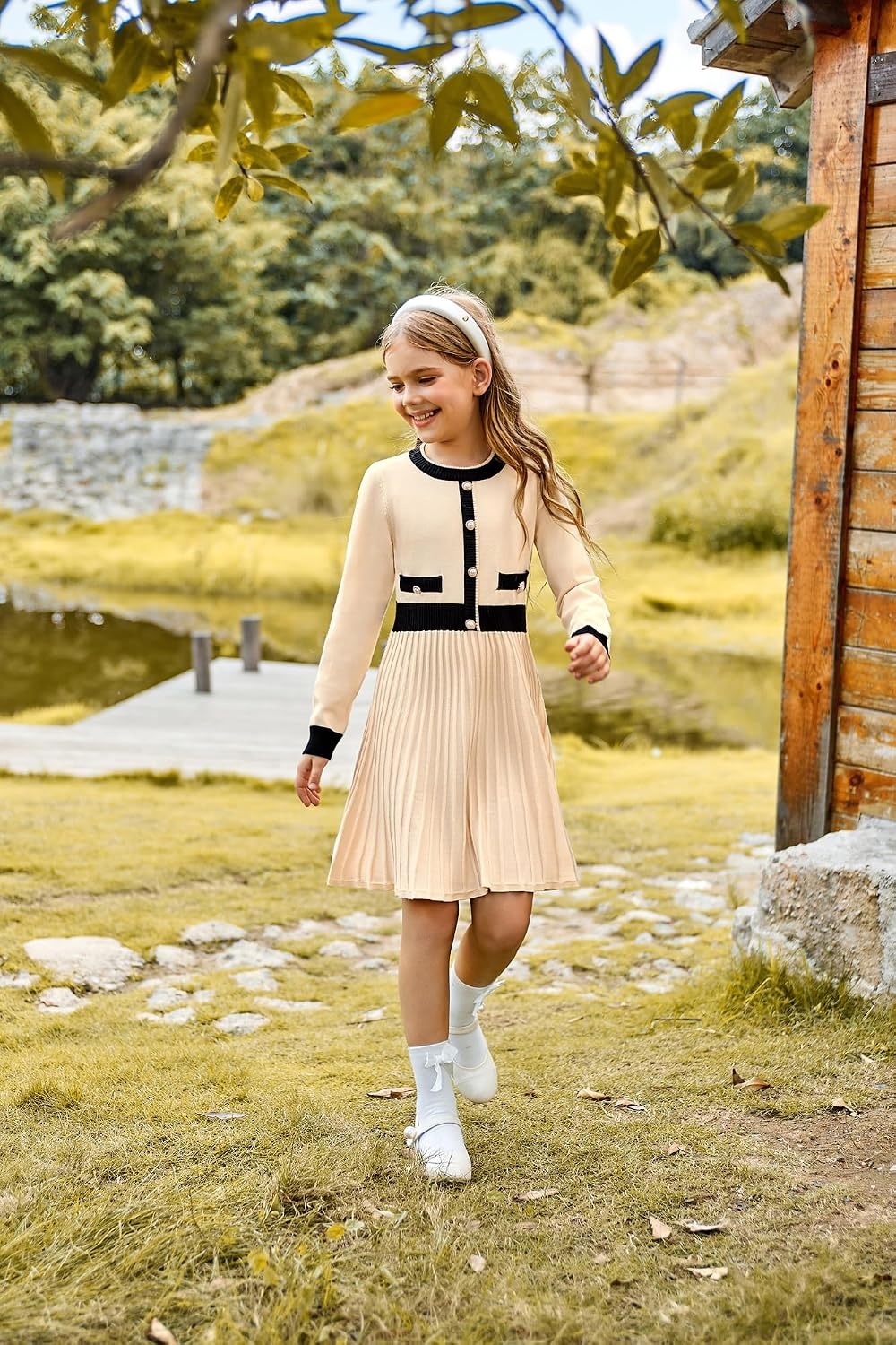 image:imageGRACE KARIN Girls Sweater Fall Dress Long Sleeve Casual Winter Dresses 616 Holiday School Birthday Church Party Elegant Preppy Color Block TweenApricot
