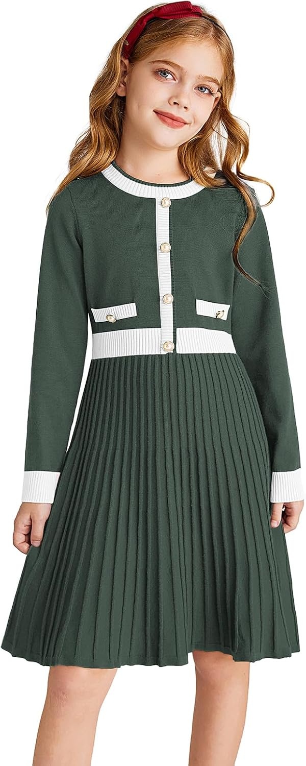 image:imageGRACE KARIN Girls Sweater Fall Dress Long Sleeve Casual Winter Dresses 616 Holiday School Birthday Church Party Elegant Preppy Color Block TweenArmy Green