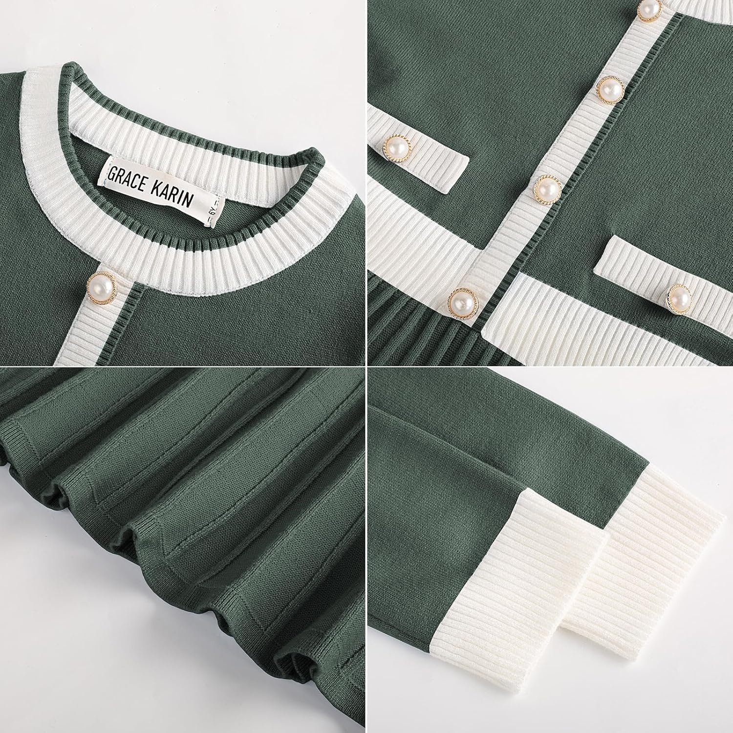 image:imageGRACE KARIN Girls Sweater Fall Dress Long Sleeve Casual Winter Dresses 616 Holiday School Birthday Church Party Elegant Preppy Color Block TweenArmy Green