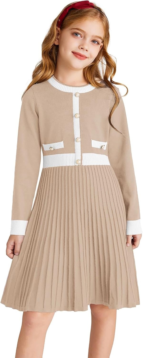 image:imageGRACE KARIN Girls Sweater Fall Dress Long Sleeve Casual Winter Dresses 616 Holiday School Birthday Church Party Elegant Preppy Color Block TweenBeige