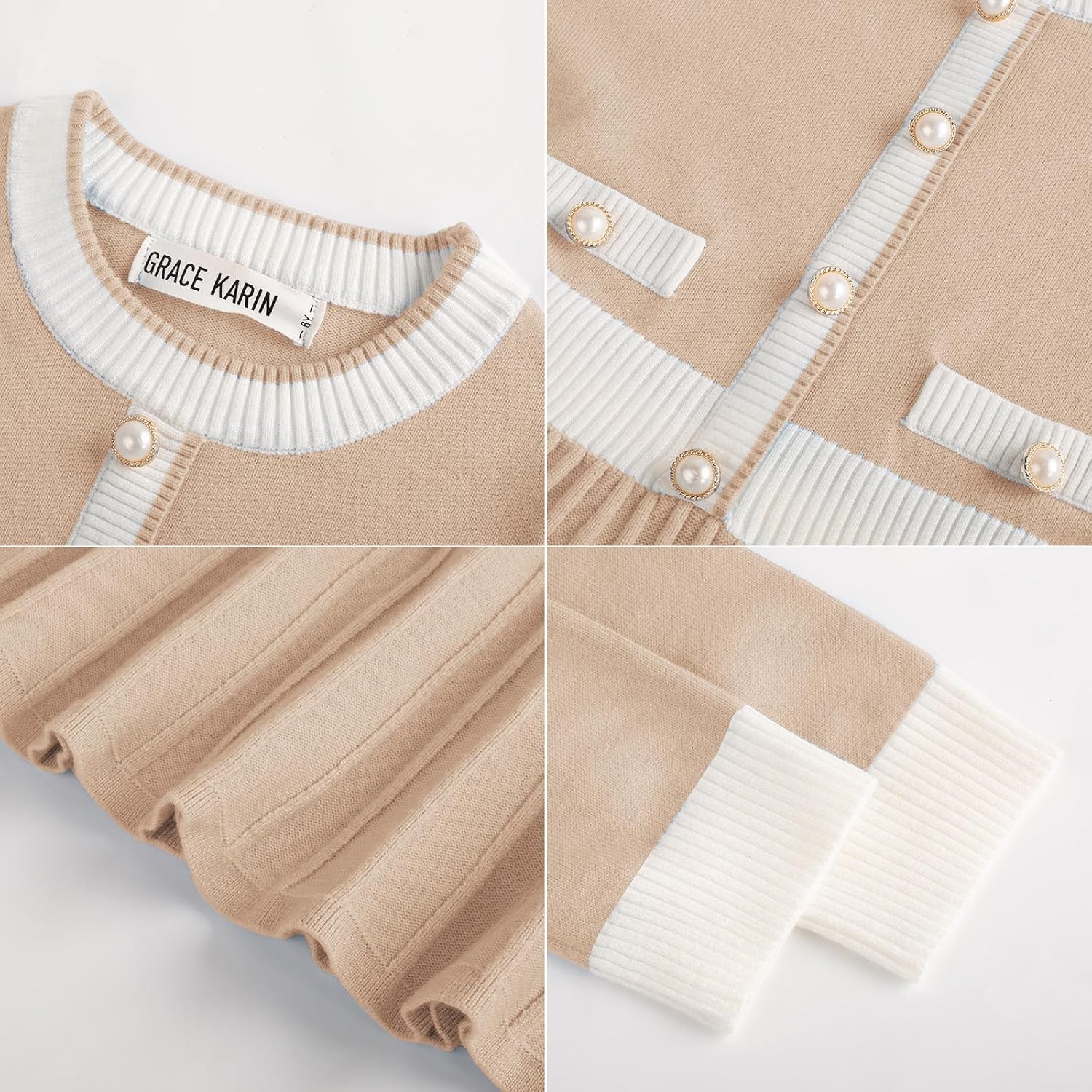 image:imageGRACE KARIN Girls Sweater Fall Dress Long Sleeve Casual Winter Dresses 616 Holiday School Birthday Church Party Elegant Preppy Color Block TweenBeige