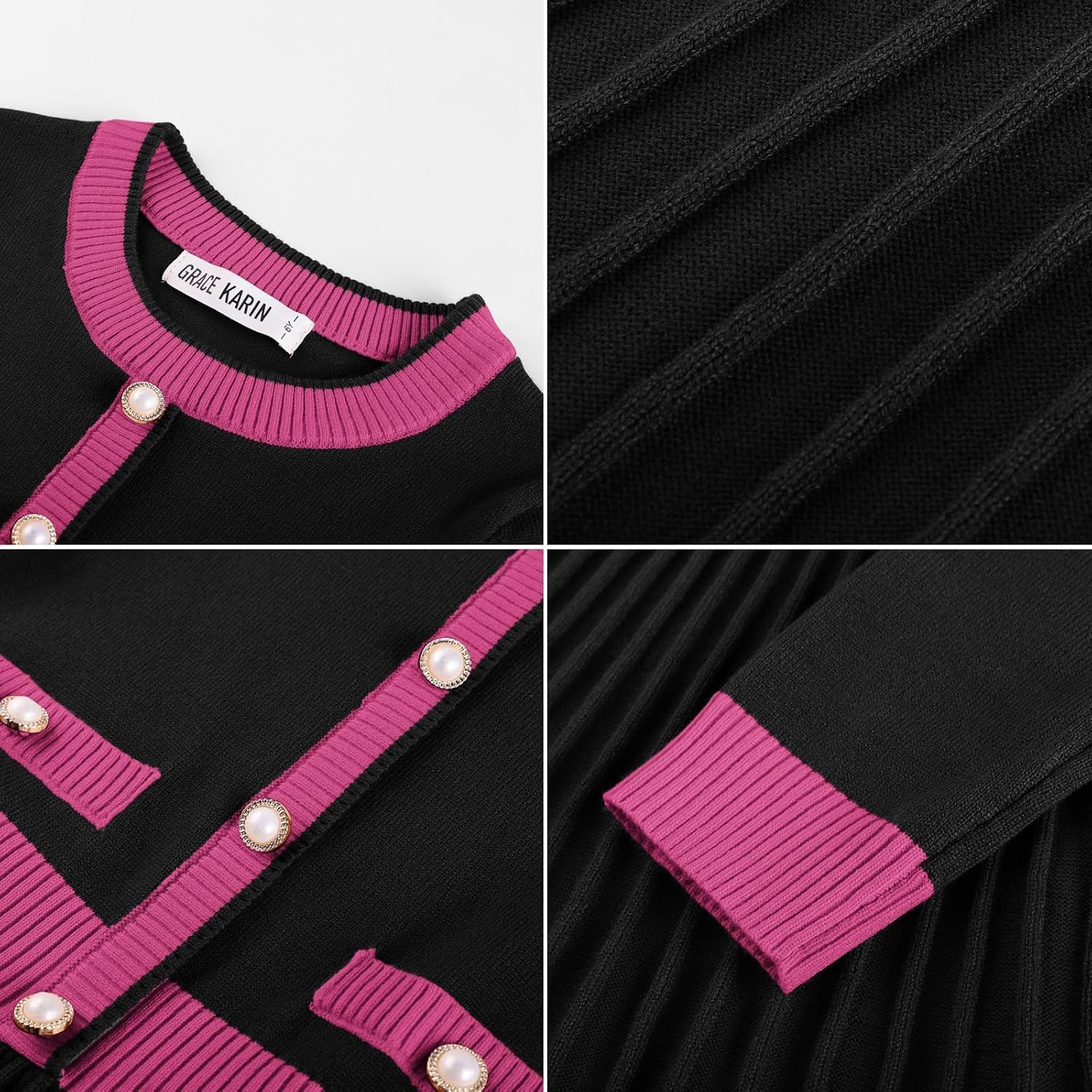 image:imageGRACE KARIN Girls Sweater Fall Dress Long Sleeve Casual Winter Dresses 616 Holiday School Birthday Church Party Elegant Preppy Color Block TweenBlack Pink