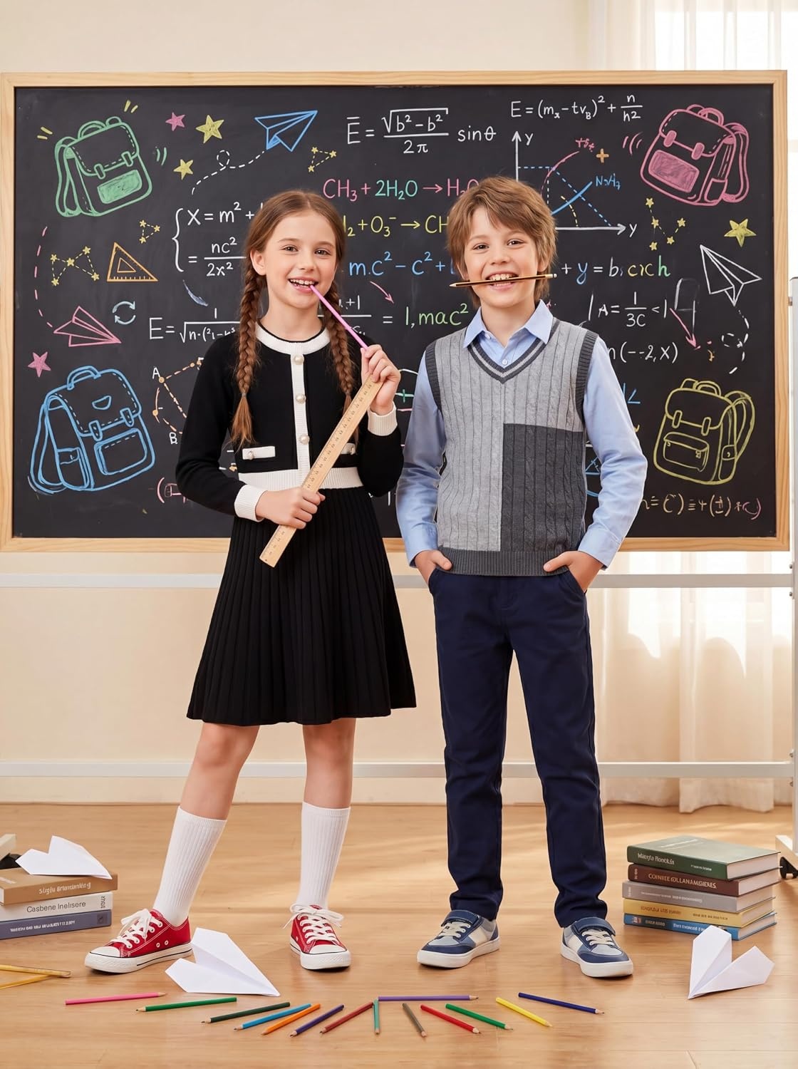 image:imageGRACE KARIN Girls Sweater Fall Dress Long Sleeve Casual Winter Dresses 616 Holiday School Birthday Church Party Elegant Preppy Color Block TweenBlack