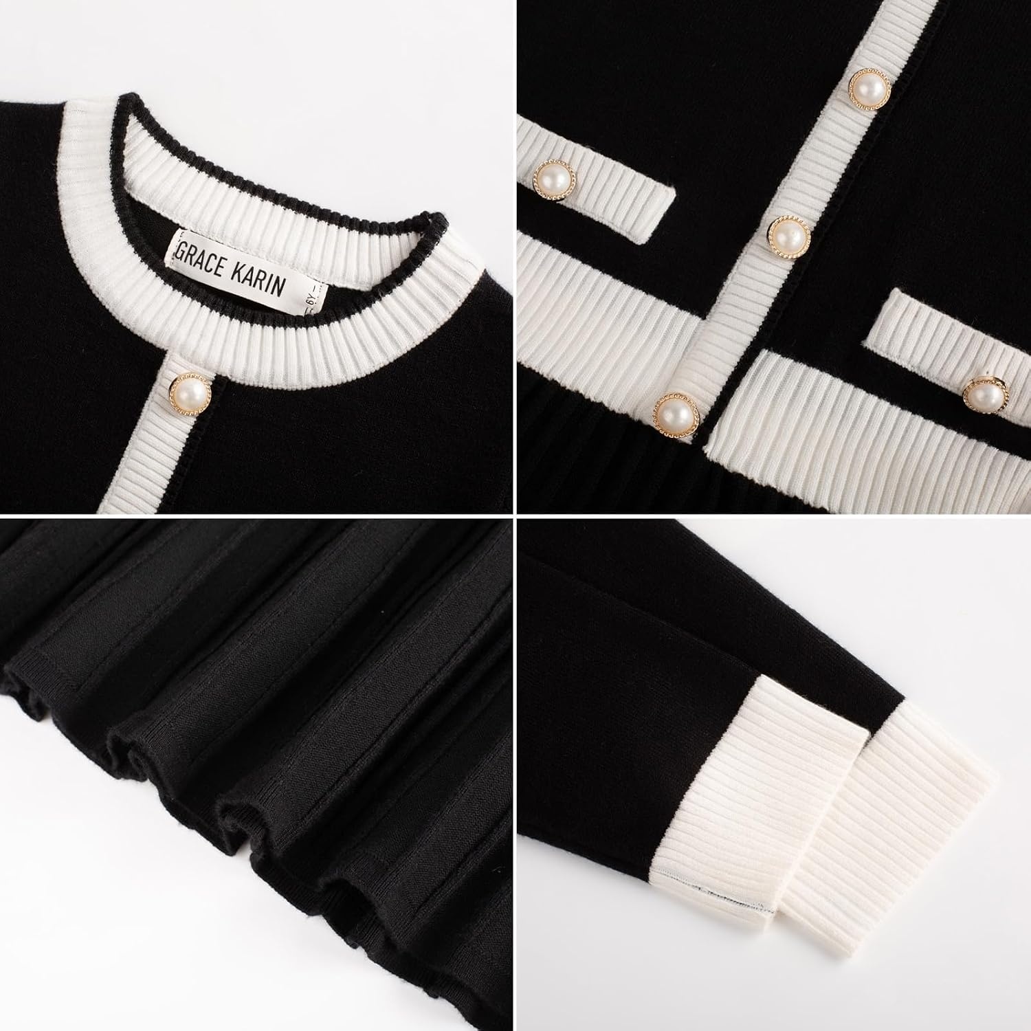 image:imageGRACE KARIN Girls Sweater Fall Dress Long Sleeve Casual Winter Dresses 616 Holiday School Birthday Church Party Elegant Preppy Color Block TweenBlack