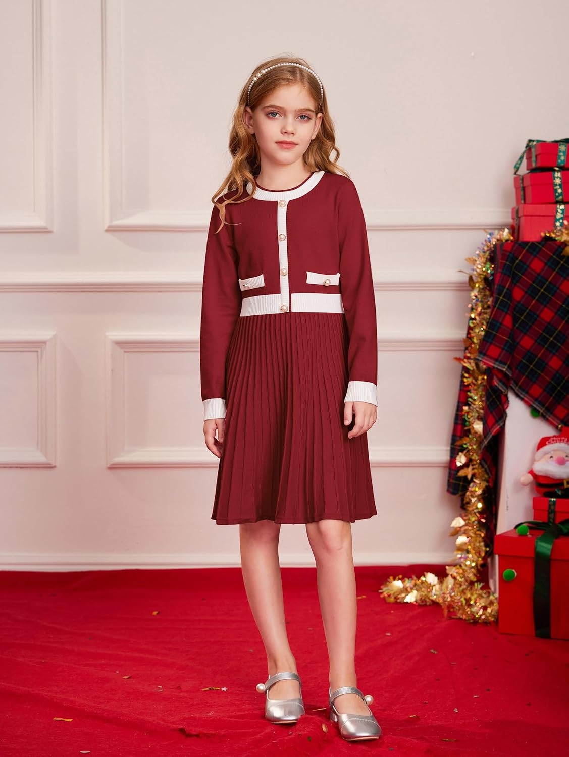 image:imageGRACE KARIN Girls Sweater Fall Dress Long Sleeve Casual Winter Dresses 616 Holiday School Birthday Church Party Elegant Preppy Color Block TweenBurgundy