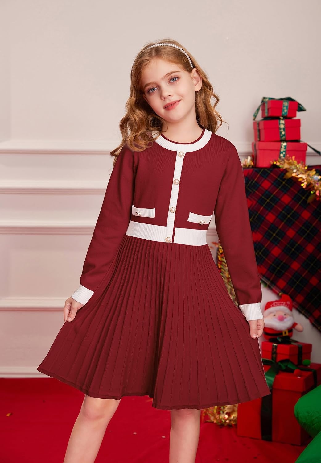 image:imageGRACE KARIN Girls Sweater Fall Dress Long Sleeve Casual Winter Dresses 616 Holiday School Birthday Church Party Elegant Preppy Color Block TweenBurgundy