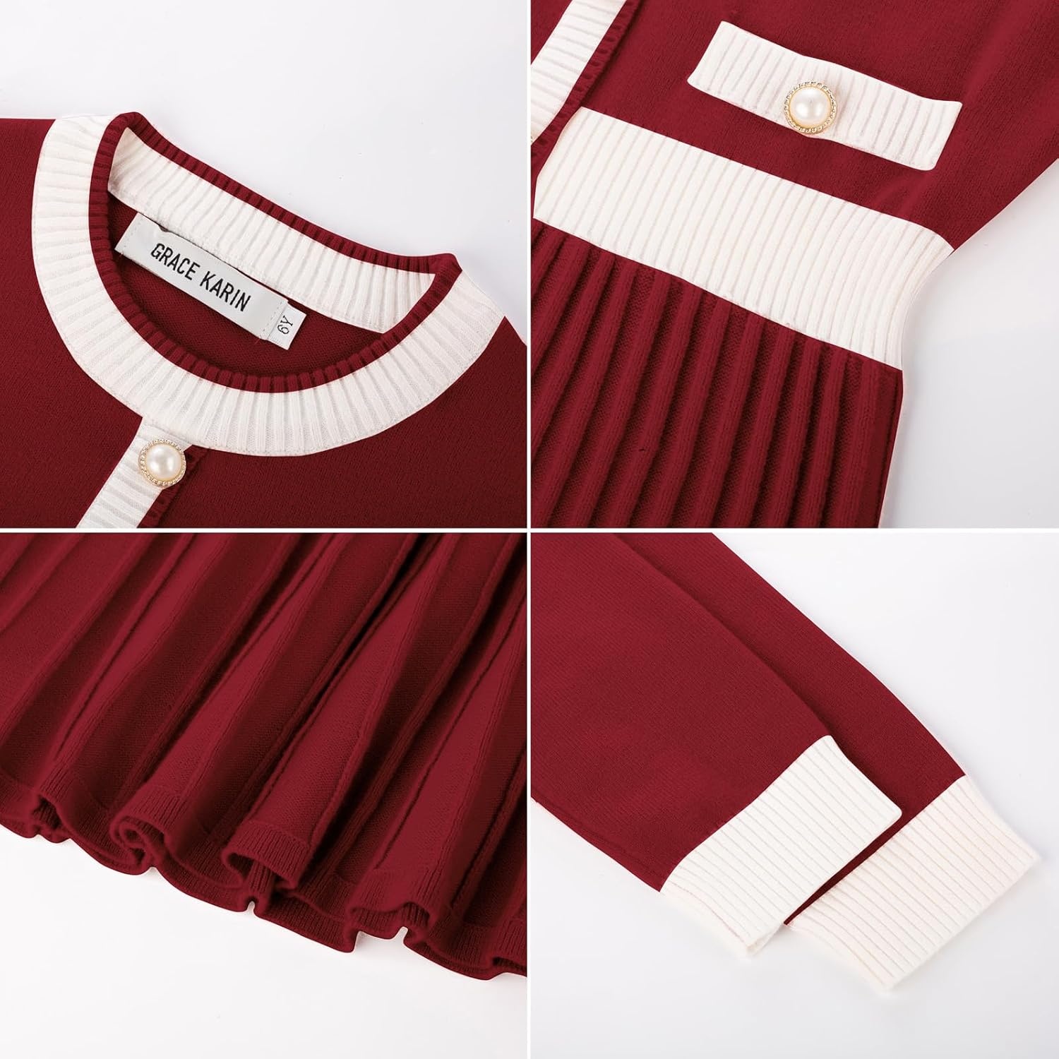 image:imageGRACE KARIN Girls Sweater Fall Dress Long Sleeve Casual Winter Dresses 616 Holiday School Birthday Church Party Elegant Preppy Color Block TweenBurgundy