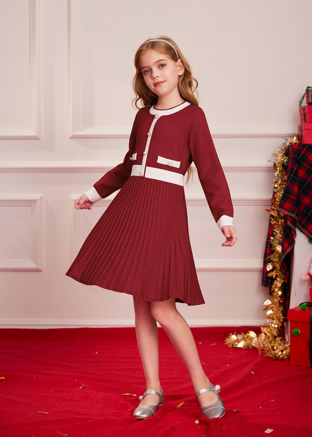 image:imageGRACE KARIN Girls Sweater Fall Dress Long Sleeve Casual Winter Dresses 616 Holiday School Birthday Church Party Elegant Preppy Color Block TweenBurgundy