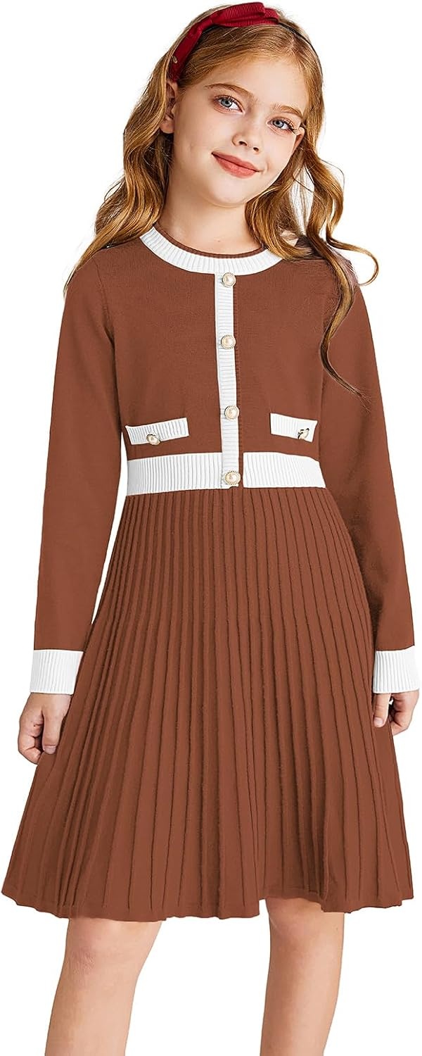 image:imageGRACE KARIN Girls Sweater Fall Dress Long Sleeve Casual Winter Dresses 616 Holiday School Birthday Church Party Elegant Preppy Color Block TweenCaramel