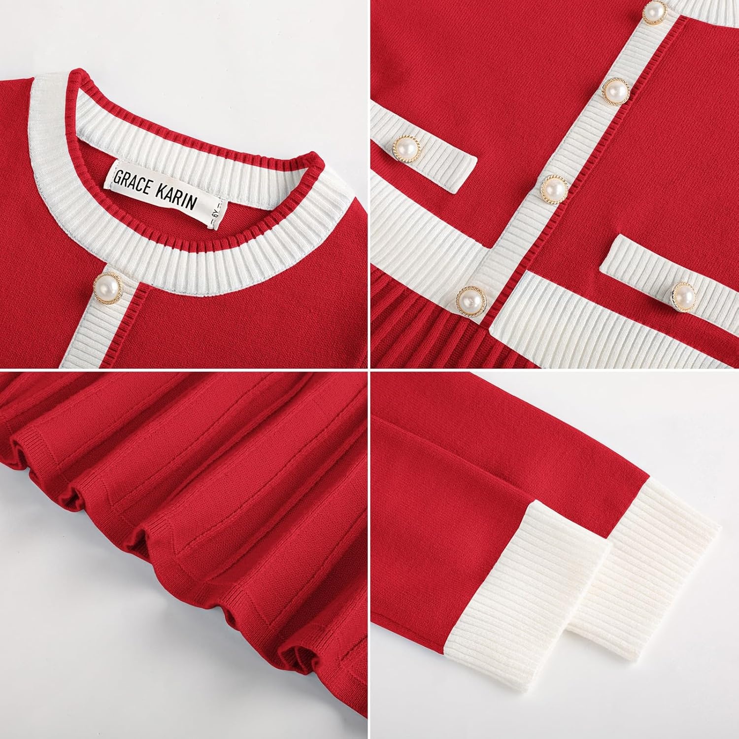 image:imageGRACE KARIN Girls Sweater Fall Dress Long Sleeve Casual Winter Dresses 616 Holiday School Birthday Church Party Elegant Preppy Color Block TweenChristmas Red