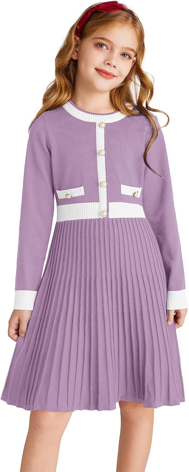 image:imageGRACE KARIN Girls Sweater Fall Dress Long Sleeve Casual Winter Dresses 616 Holiday School Birthday Church Party Elegant Preppy Color Block TweenDeep Purple