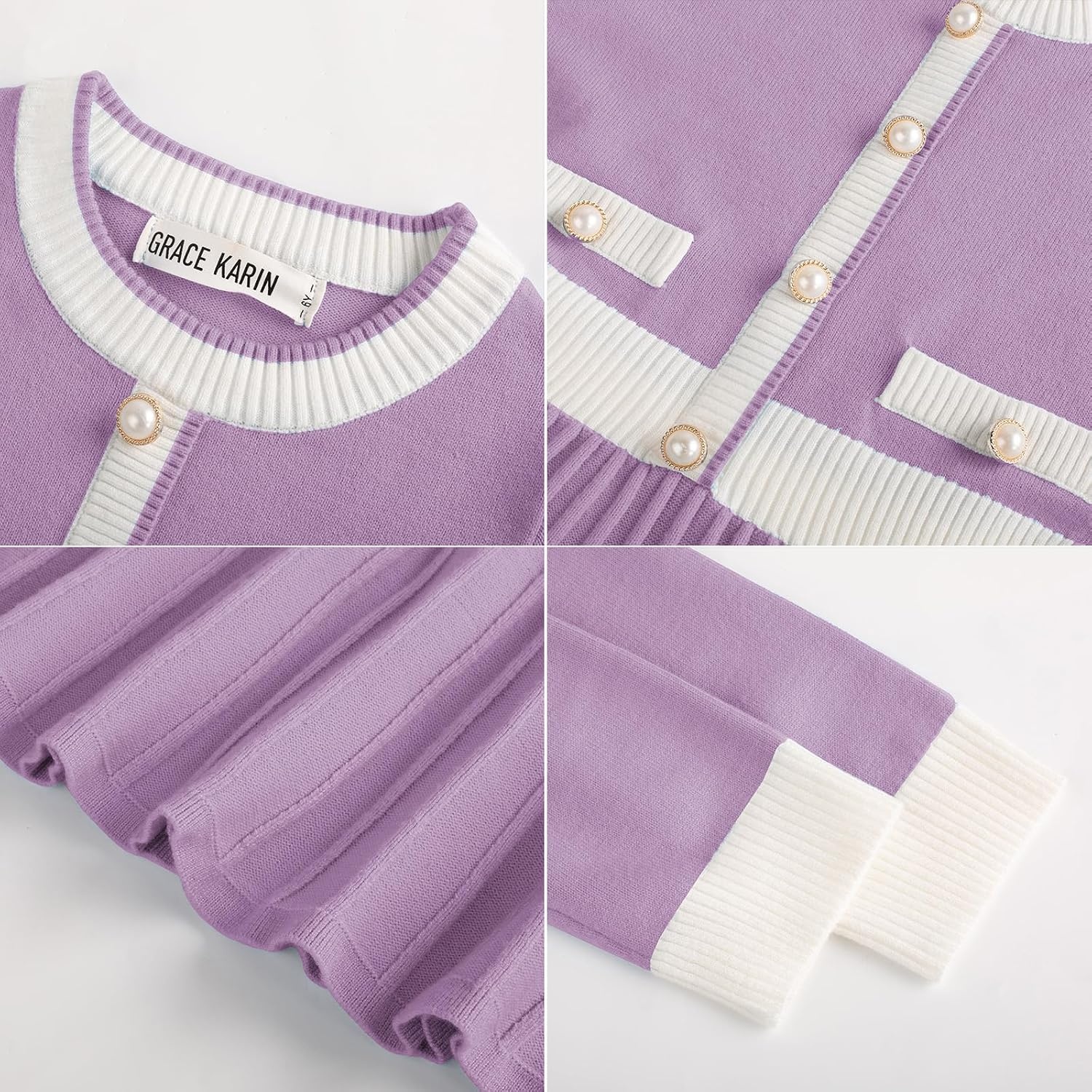 image:imageGRACE KARIN Girls Sweater Fall Dress Long Sleeve Casual Winter Dresses 616 Holiday School Birthday Church Party Elegant Preppy Color Block TweenDeep Purple