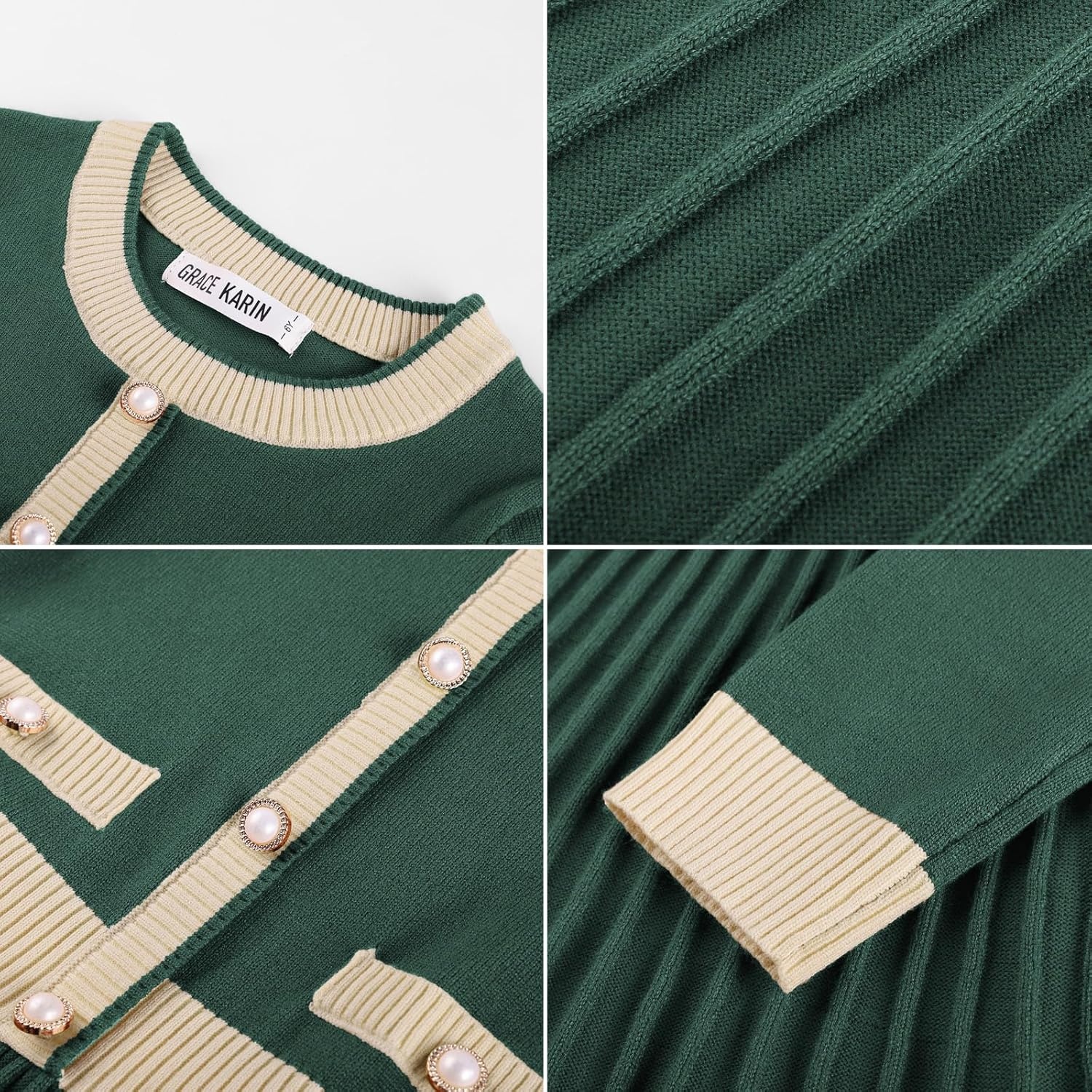 image:imageGRACE KARIN Girls Sweater Fall Dress Long Sleeve Casual Winter Dresses 616 Holiday School Birthday Church Party Elegant Preppy Color Block TweenEden Green