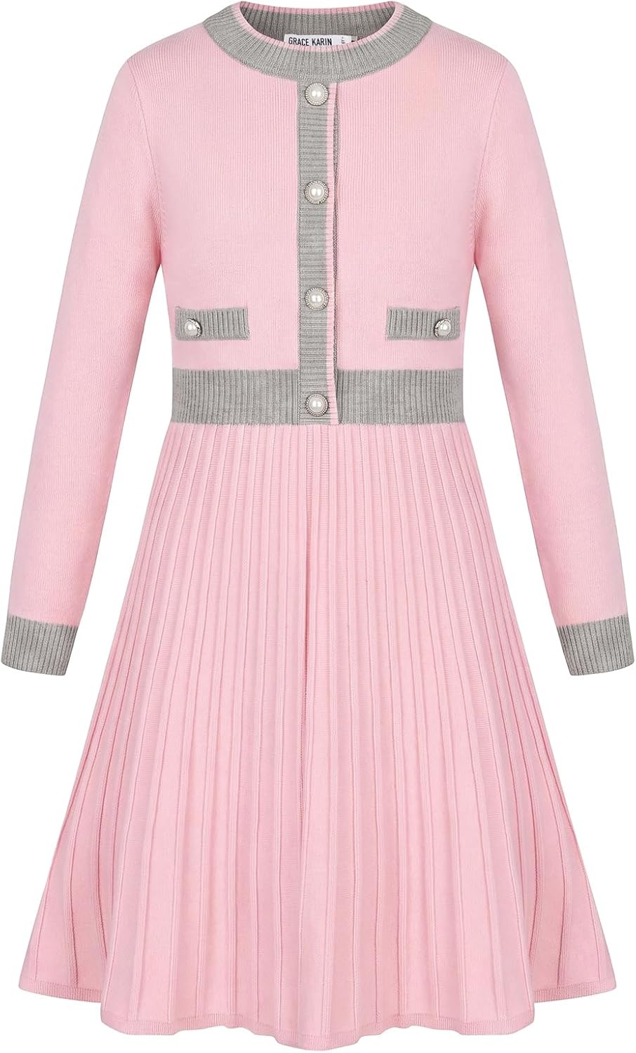 image:imageGRACE KARIN Girls Sweater Fall Dress Long Sleeve Casual Winter Dresses 616 Holiday School Birthday Church Party Elegant Preppy Color Block TweenGray Pink