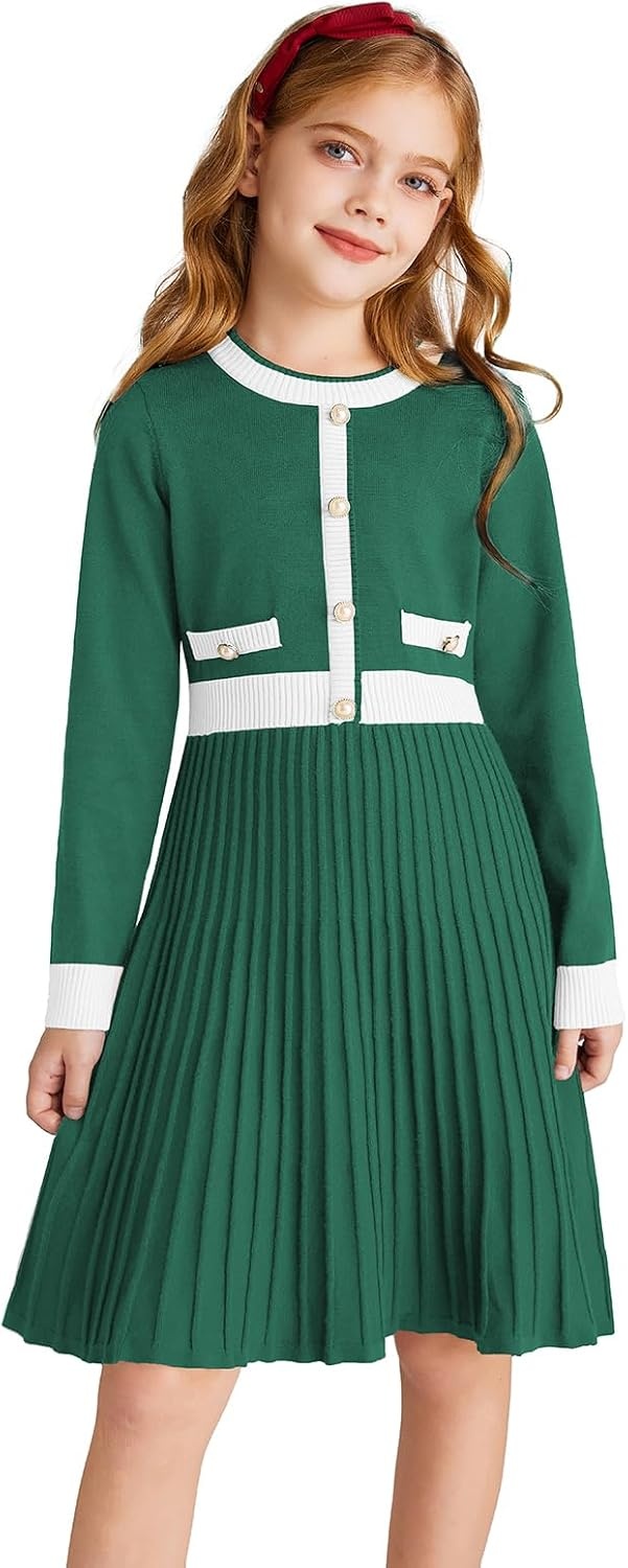 image:imageGRACE KARIN Girls Sweater Fall Dress Long Sleeve Casual Winter Dresses 616 Holiday School Birthday Church Party Elegant Preppy Color Block TweenGreen