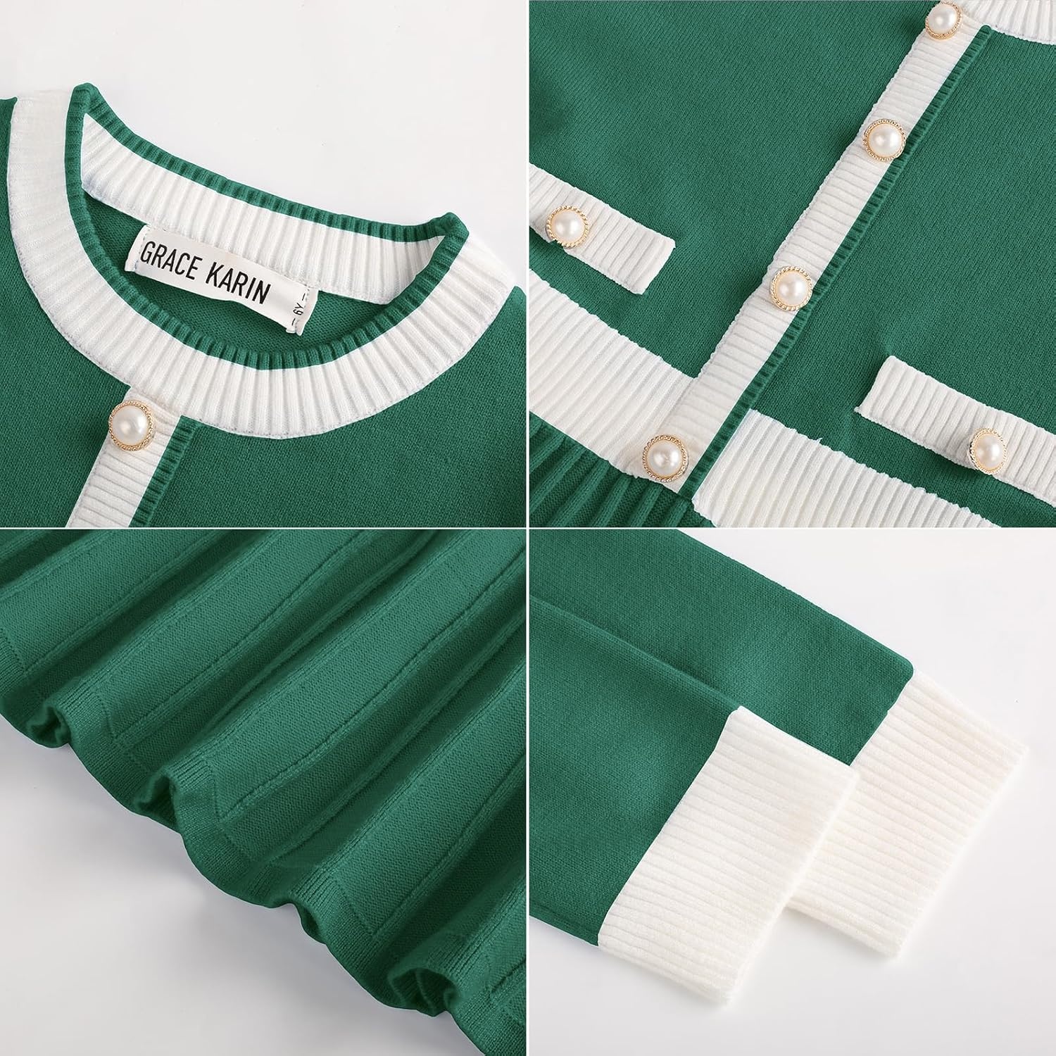 image:imageGRACE KARIN Girls Sweater Fall Dress Long Sleeve Casual Winter Dresses 616 Holiday School Birthday Church Party Elegant Preppy Color Block TweenGreen