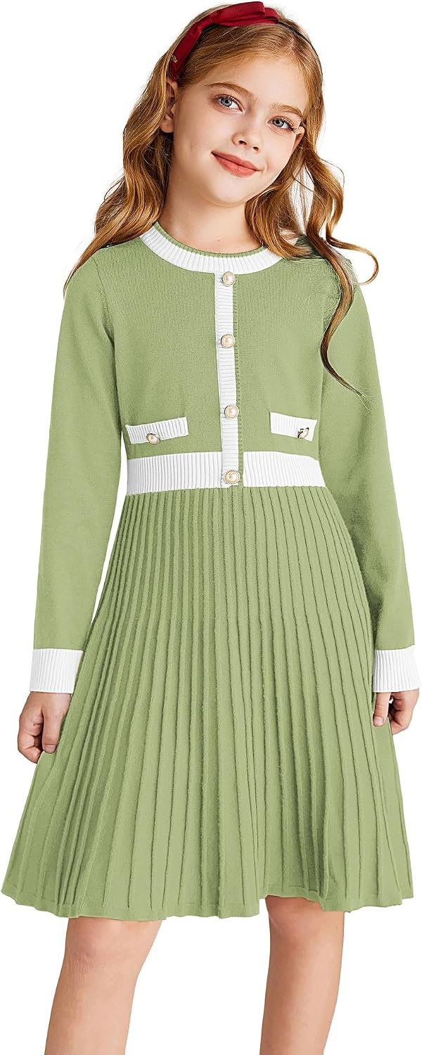 image:imageGRACE KARIN Girls Sweater Fall Dress Long Sleeve Casual Winter Dresses 616 Holiday School Birthday Church Party Elegant Preppy Color Block TweenLight Green