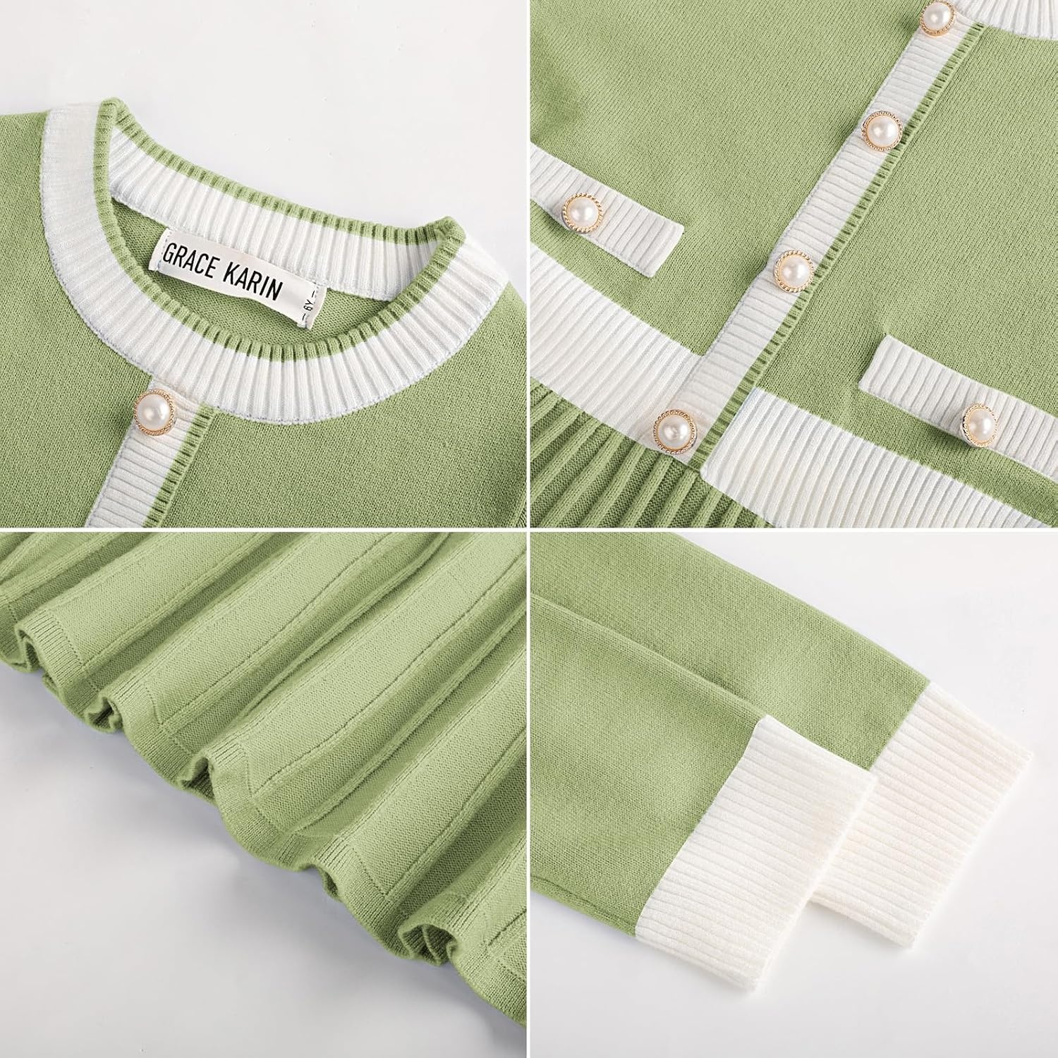 image:imageGRACE KARIN Girls Sweater Fall Dress Long Sleeve Casual Winter Dresses 616 Holiday School Birthday Church Party Elegant Preppy Color Block TweenLight Green