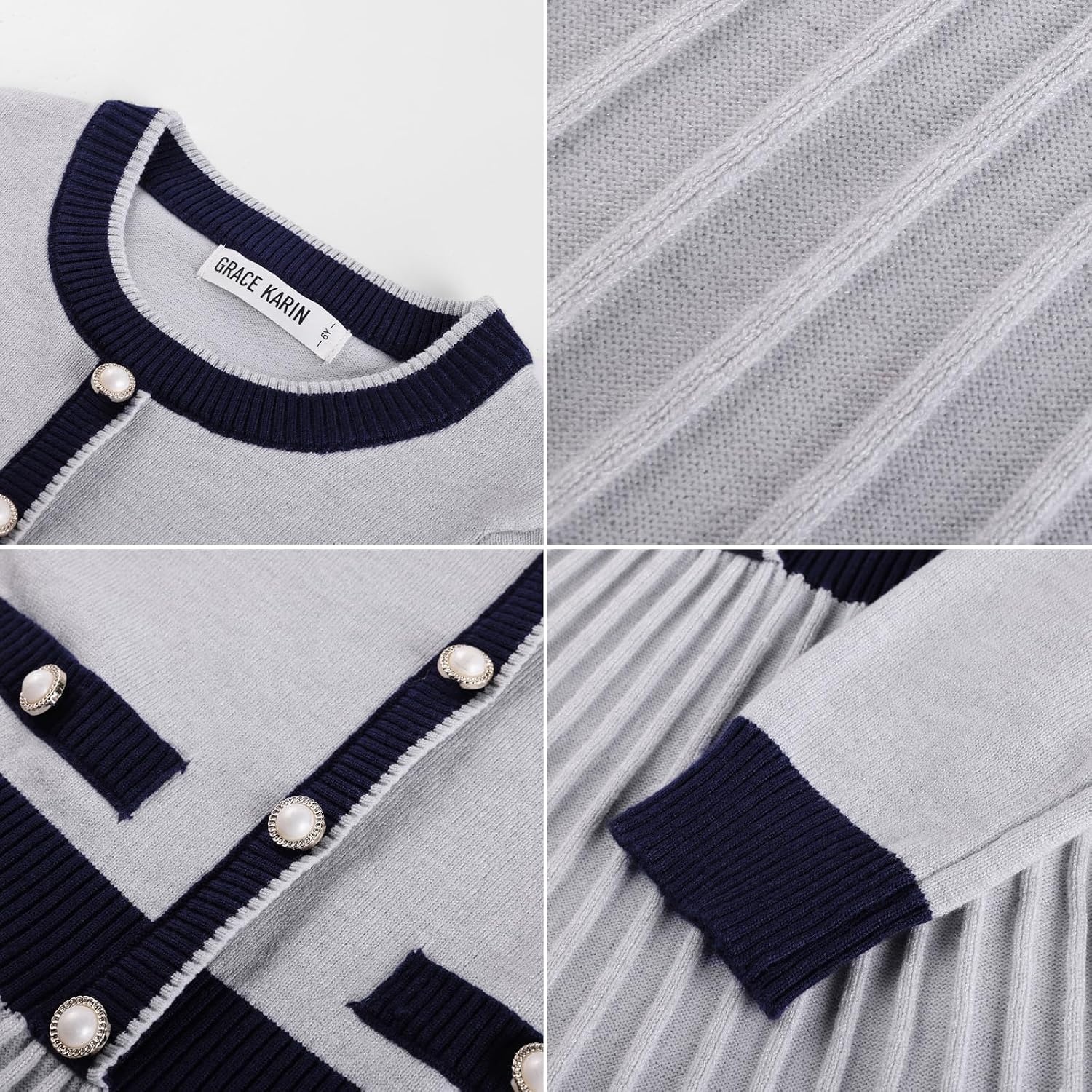 image:imageGRACE KARIN Girls Sweater Fall Dress Long Sleeve Casual Winter Dresses 616 Holiday School Birthday Church Party Elegant Preppy Color Block TweenLight Gray