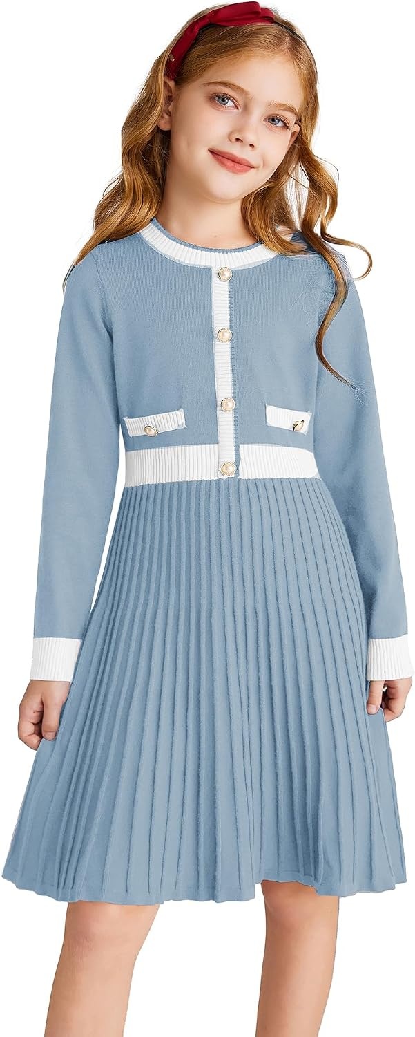 image:imageGRACE KARIN Girls Sweater Fall Dress Long Sleeve Casual Winter Dresses 616 Holiday School Birthday Church Party Elegant Preppy Color Block TweenLight Blue