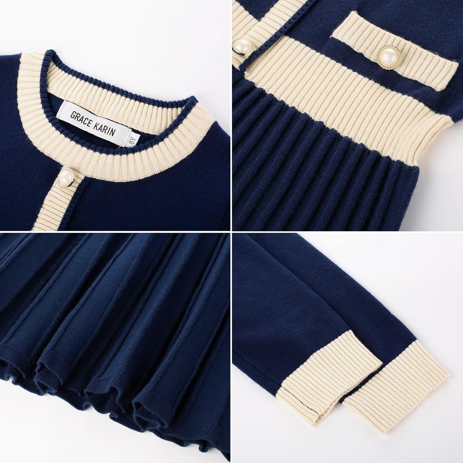 image:imageGRACE KARIN Girls Sweater Fall Dress Long Sleeve Casual Winter Dresses 616 Holiday School Birthday Church Party Elegant Preppy Color Block TweenNavy Blue
