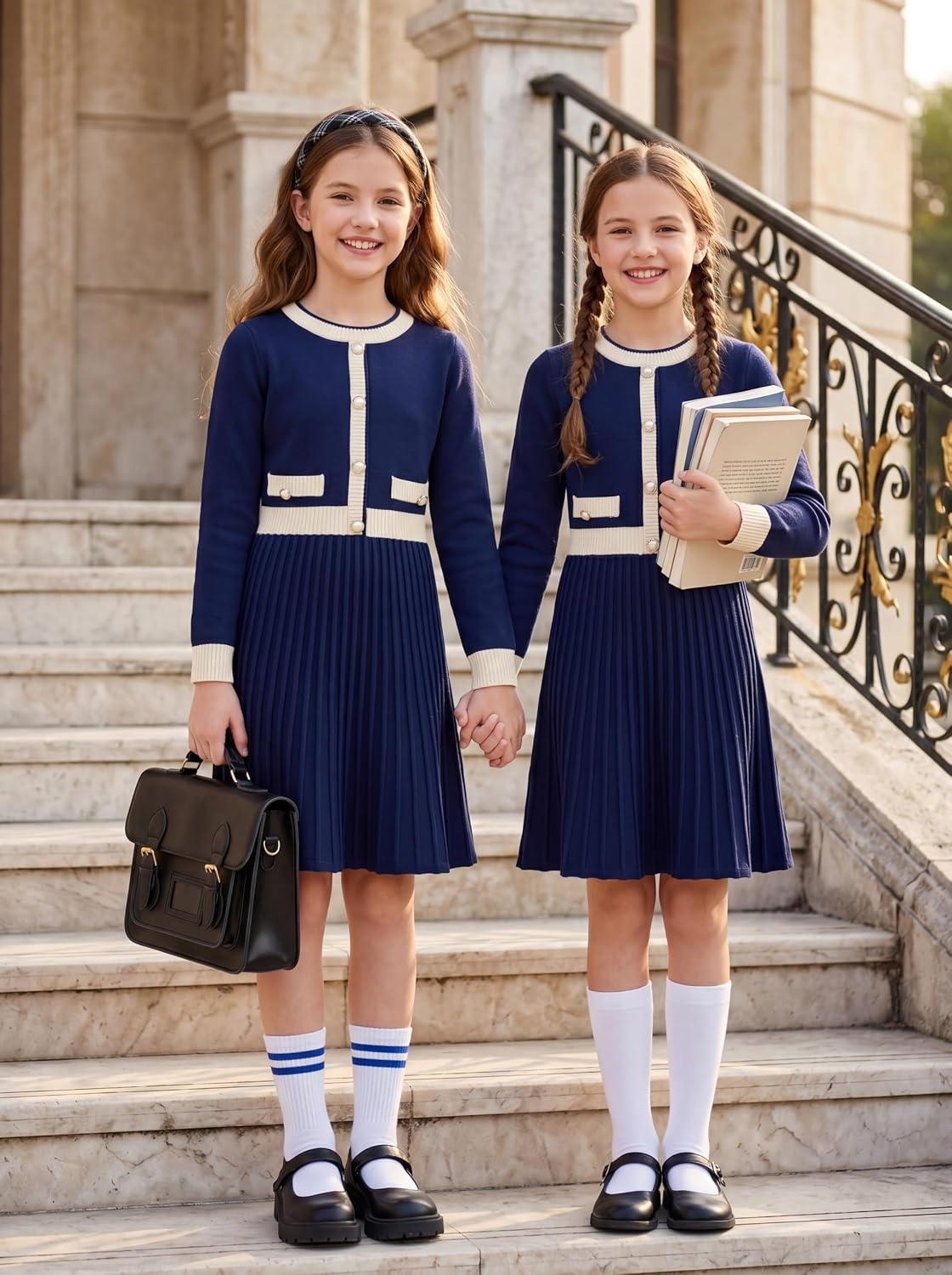 image:imageGRACE KARIN Girls Sweater Fall Dress Long Sleeve Casual Winter Dresses 616 Holiday School Birthday Church Party Elegant Preppy Color Block TweenNavy Blue