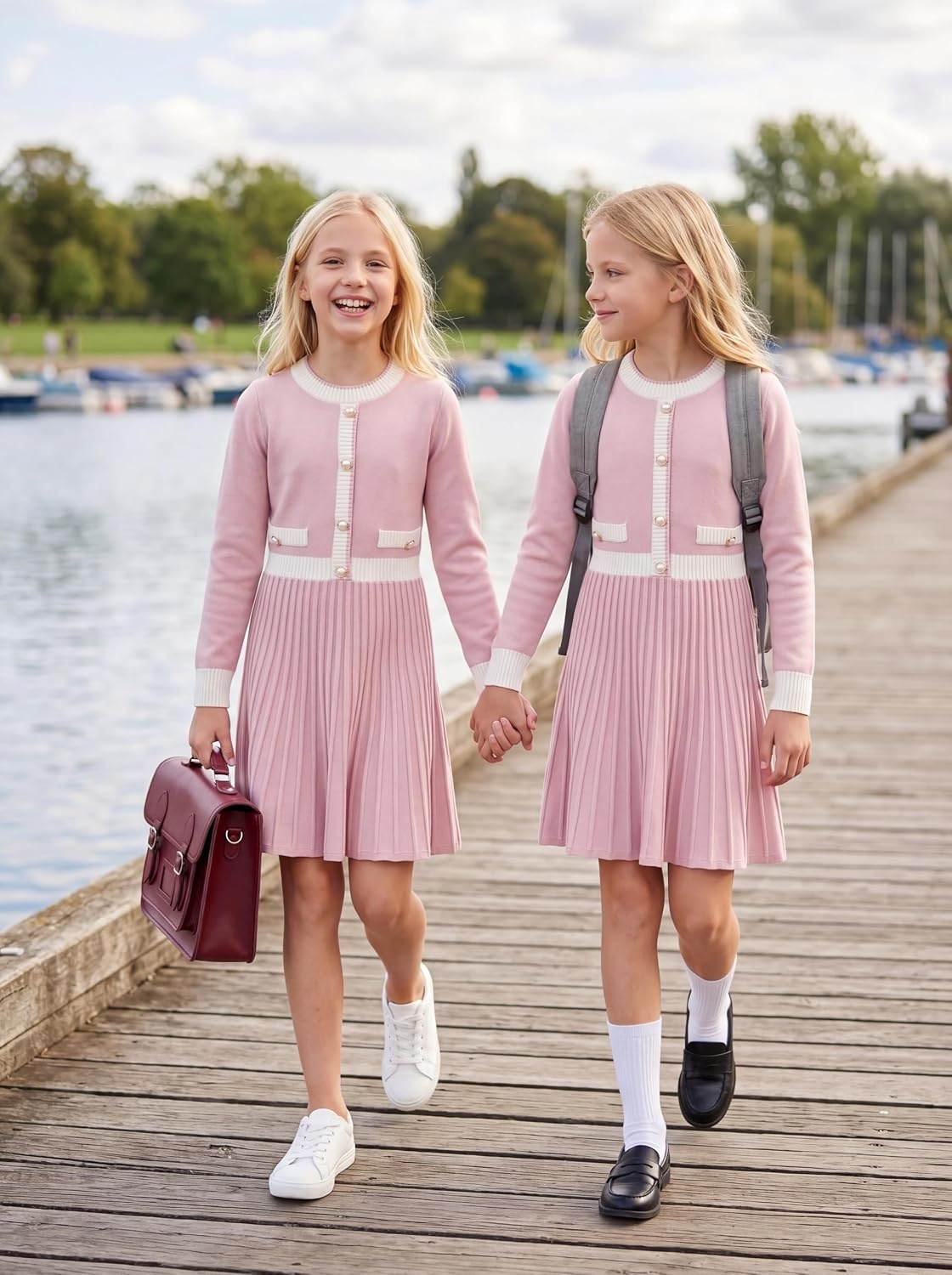 image:imageGRACE KARIN Girls Sweater Fall Dress Long Sleeve Casual Winter Dresses 616 Holiday School Birthday Church Party Elegant Preppy Color Block TweenPink