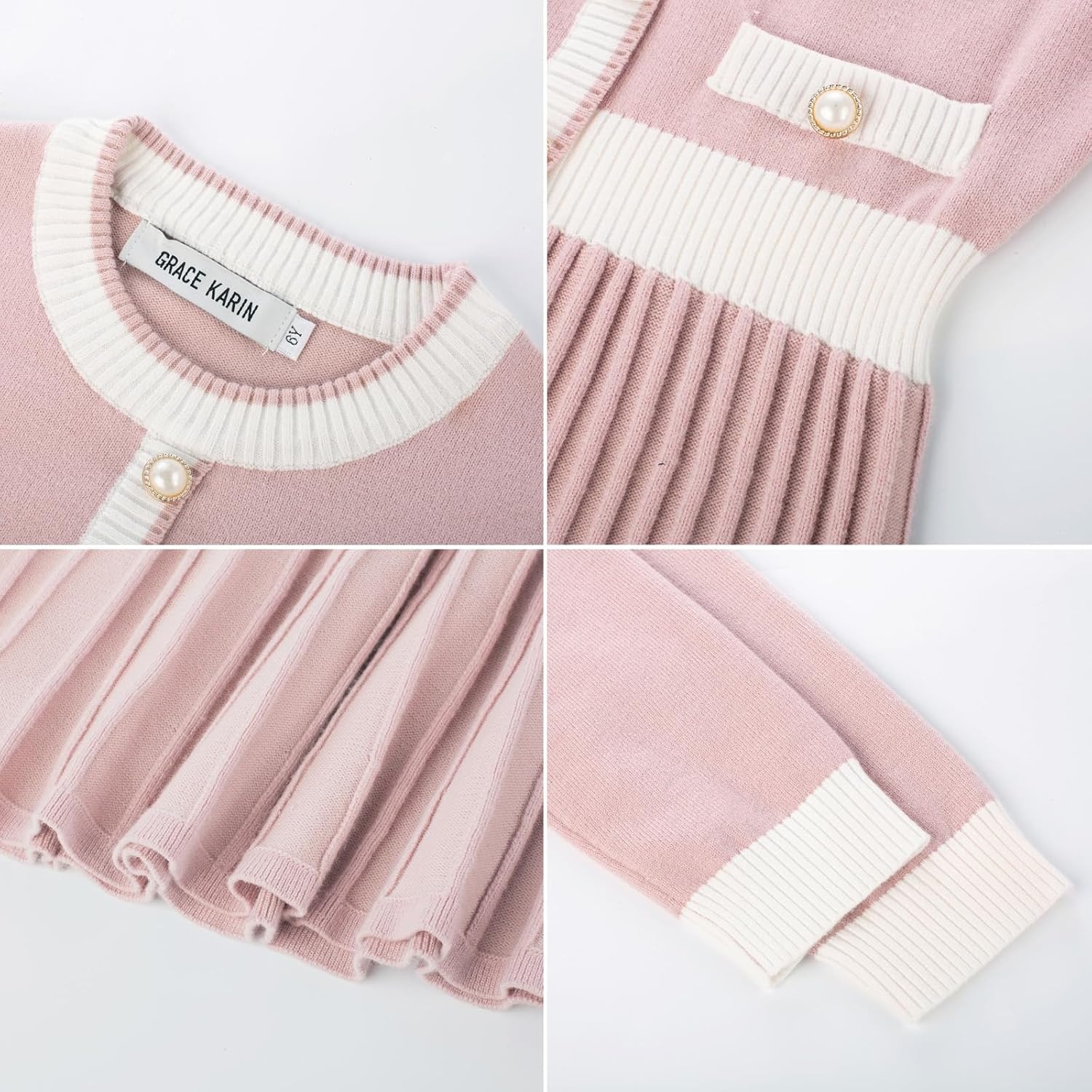 image:imageGRACE KARIN Girls Sweater Fall Dress Long Sleeve Casual Winter Dresses 616 Holiday School Birthday Church Party Elegant Preppy Color Block TweenPink