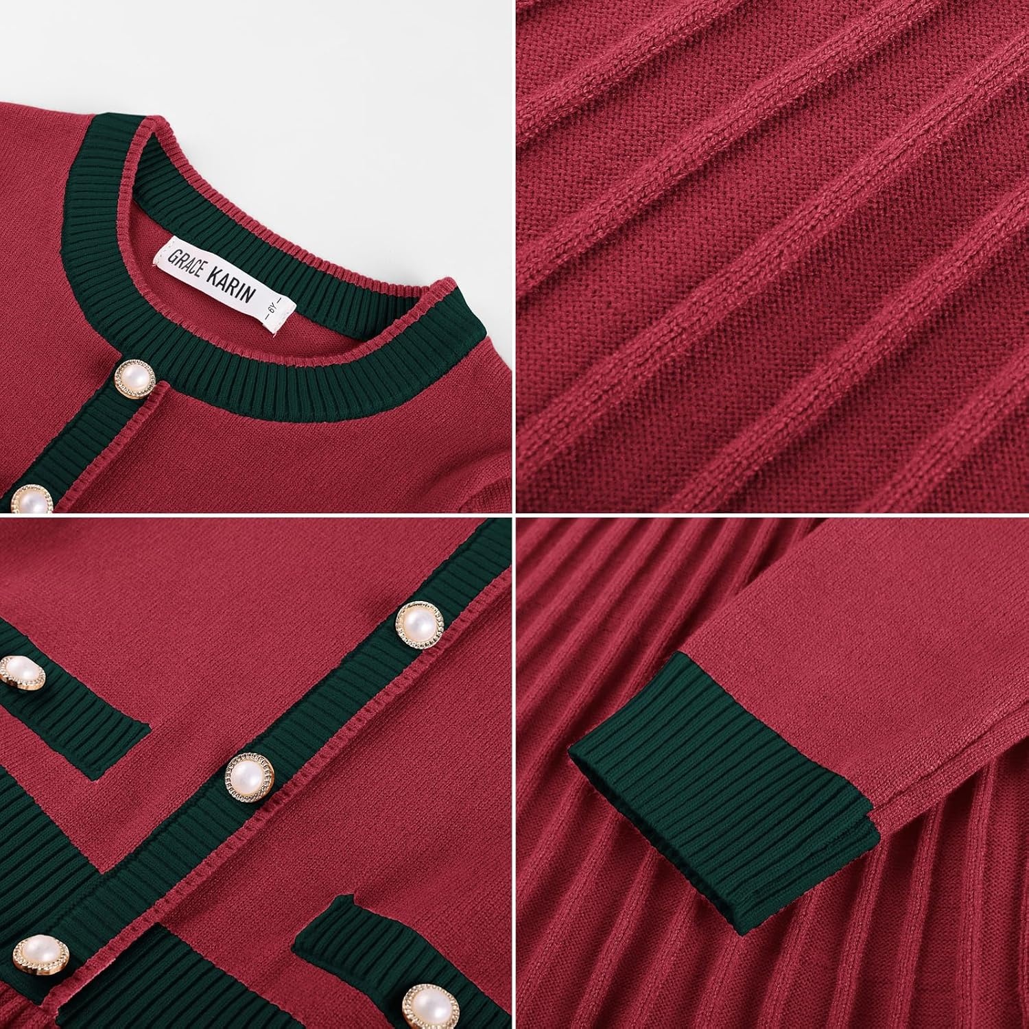 image:imageGRACE KARIN Girls Sweater Fall Dress Long Sleeve Casual Winter Dresses 616 Holiday School Birthday Church Party Elegant Preppy Color Block TweenRed Green