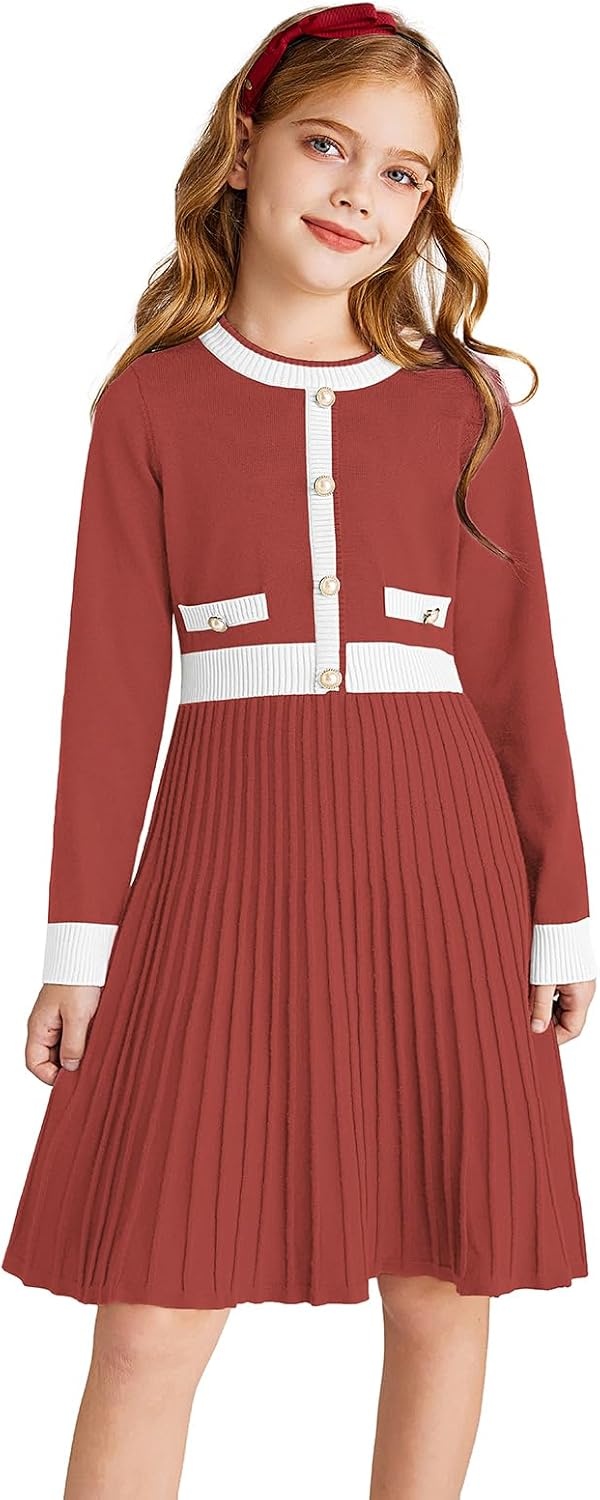 image:imageGRACE KARIN Girls Sweater Fall Dress Long Sleeve Casual Winter Dresses 616 Holiday School Birthday Church Party Elegant Preppy Color Block TweenReddish Brown
