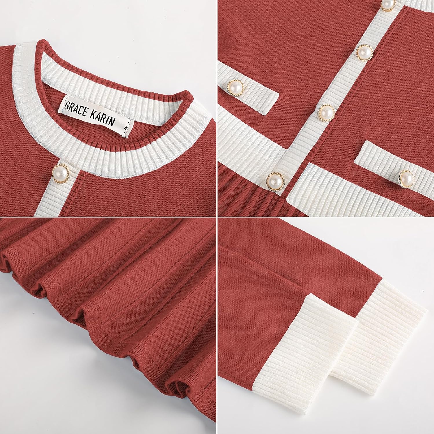 image:imageGRACE KARIN Girls Sweater Fall Dress Long Sleeve Casual Winter Dresses 616 Holiday School Birthday Church Party Elegant Preppy Color Block TweenReddish Brown