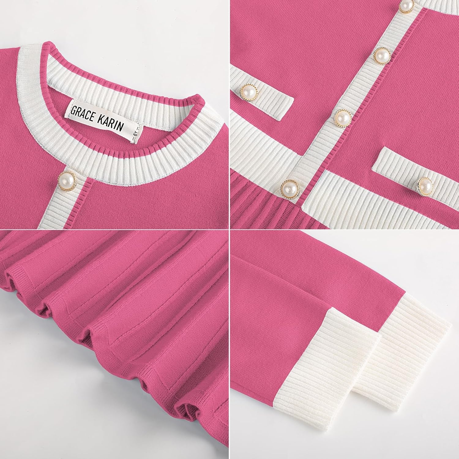 image:imageGRACE KARIN Girls Sweater Fall Dress Long Sleeve Casual Winter Dresses 616 Holiday School Birthday Church Party Elegant Preppy Color Block TweenRose Pink