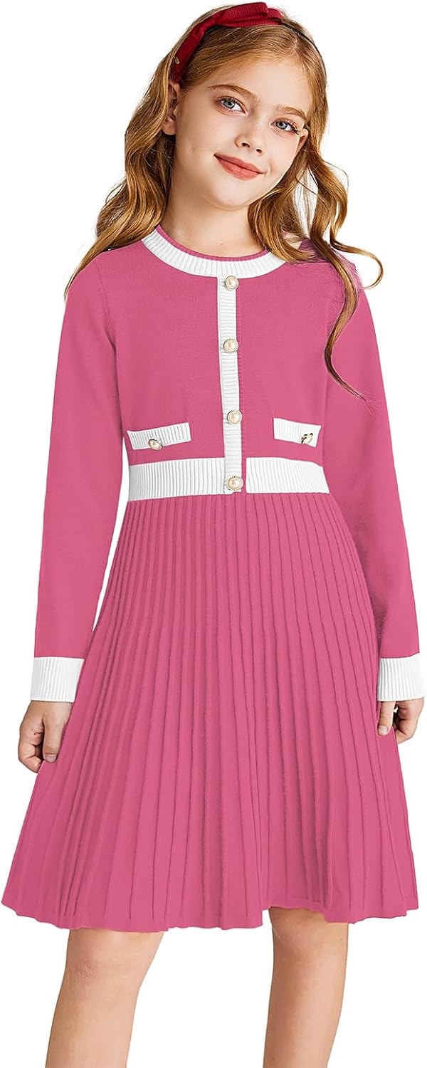 image:imageGRACE KARIN Girls Sweater Fall Dress Long Sleeve Casual Winter Dresses 616 Holiday School Birthday Church Party Elegant Preppy Color Block TweenRose Pink