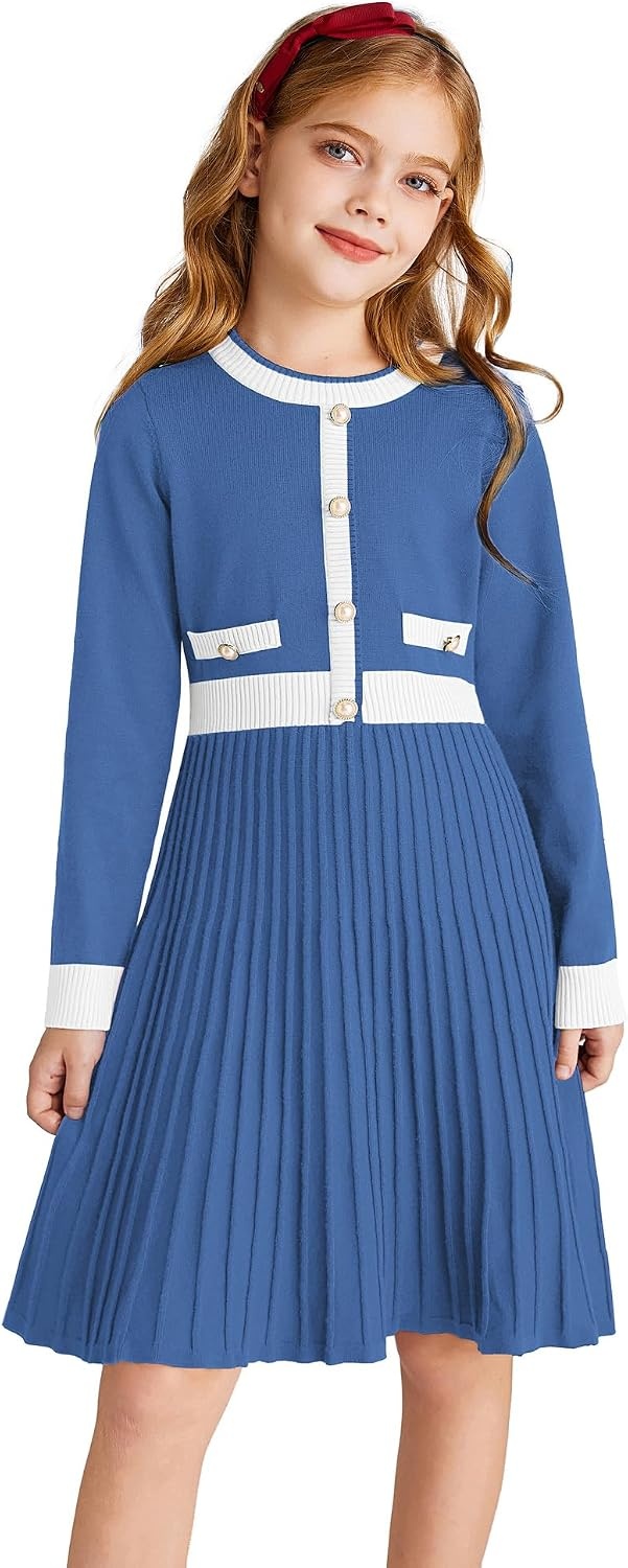 image:imageGRACE KARIN Girls Sweater Fall Dress Long Sleeve Casual Winter Dresses 616 Holiday School Birthday Church Party Elegant Preppy Color Block TweenRoyal Blue