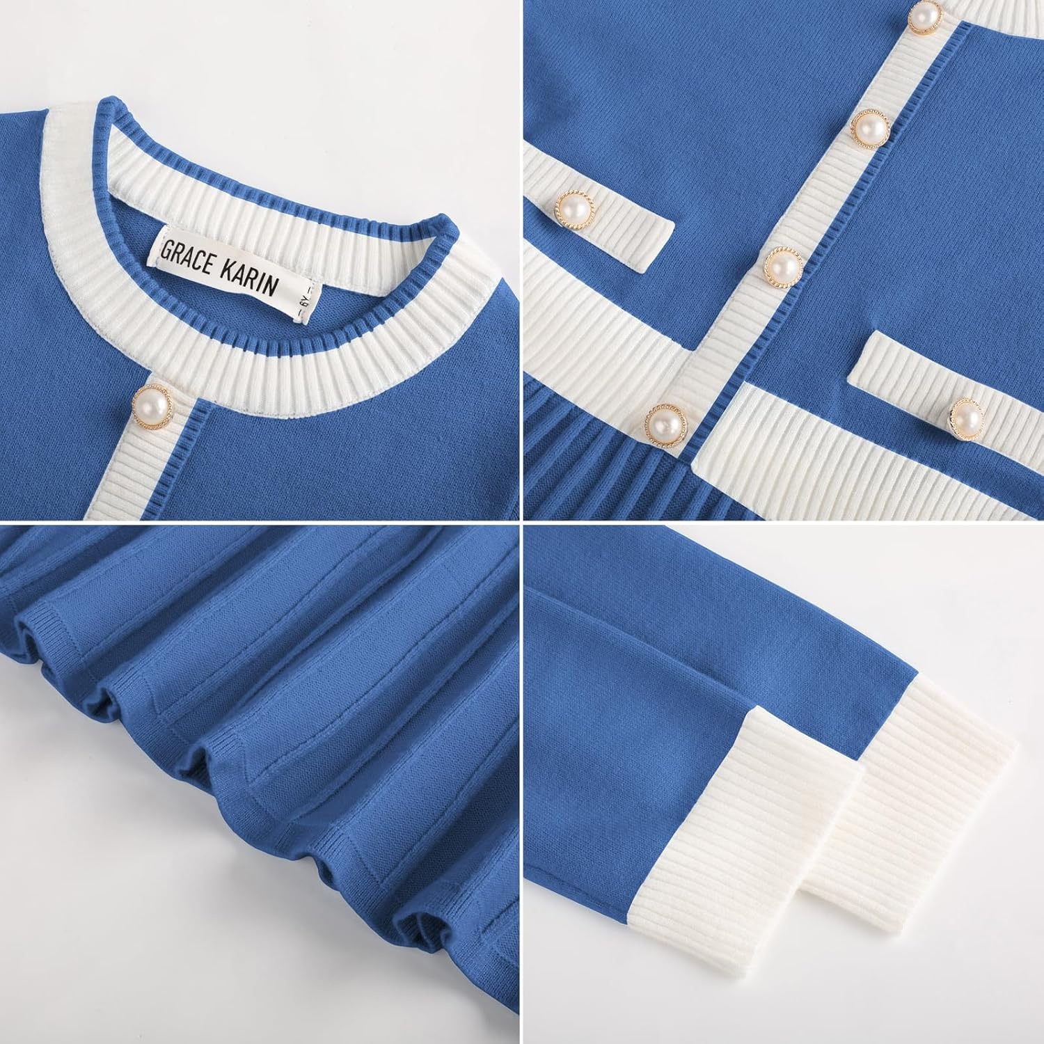 image:imageGRACE KARIN Girls Sweater Fall Dress Long Sleeve Casual Winter Dresses 616 Holiday School Birthday Church Party Elegant Preppy Color Block TweenRoyal Blue